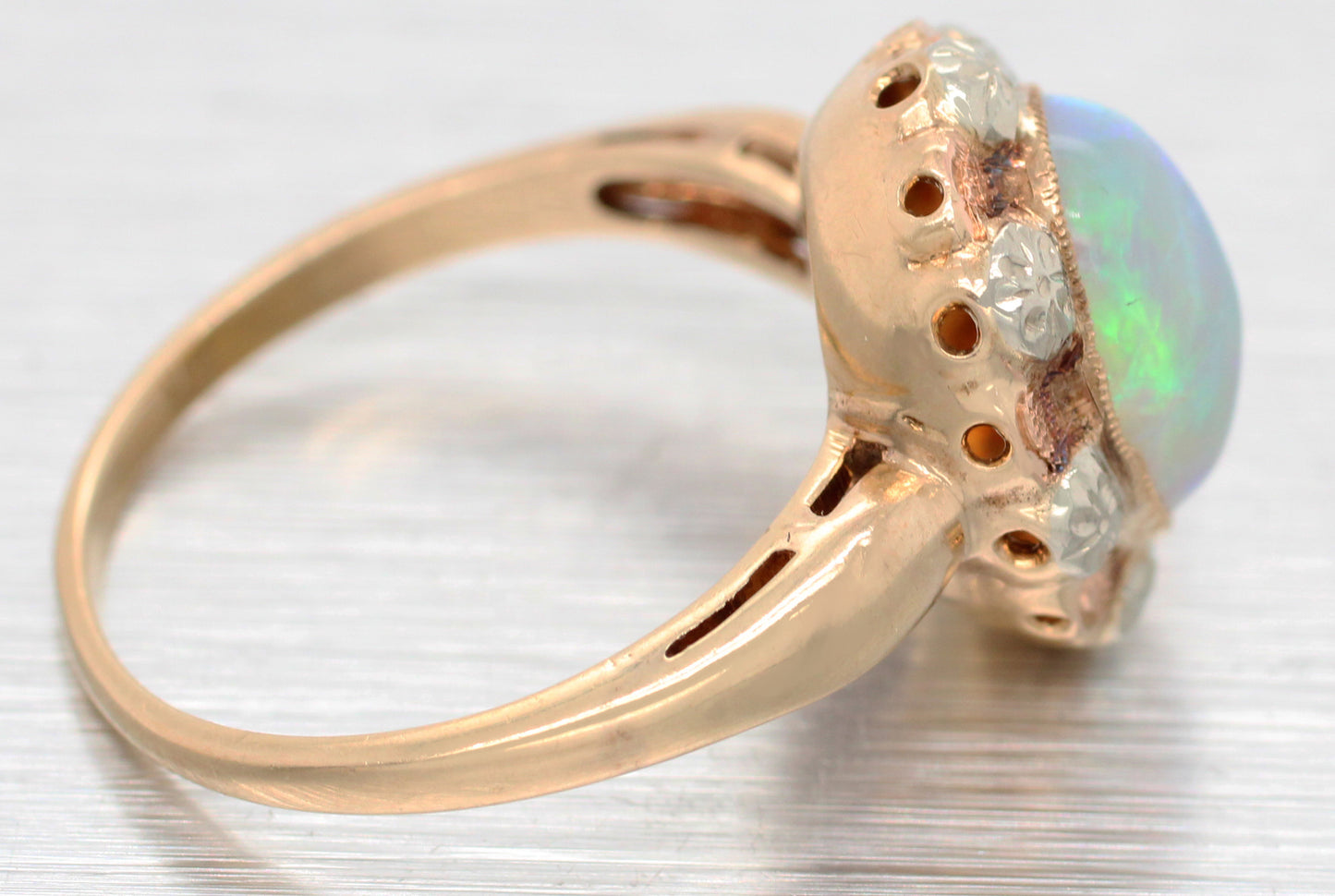 Antique Art Deco 3.20ct Crystal Opal Cocktail Ring | 14k Yellow Gold, Tri-Color Accents