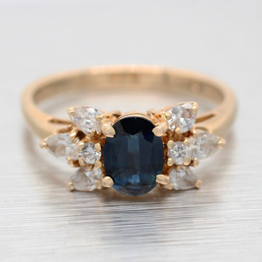 Vintage Oval Cut Blue Sapphire & Diamond Band Ring - 14k Yellow Gold
