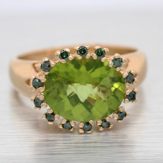 Vintage Oval Peridot & Green Diamond Halo Cocktail Ring - 14k Yellow Gold