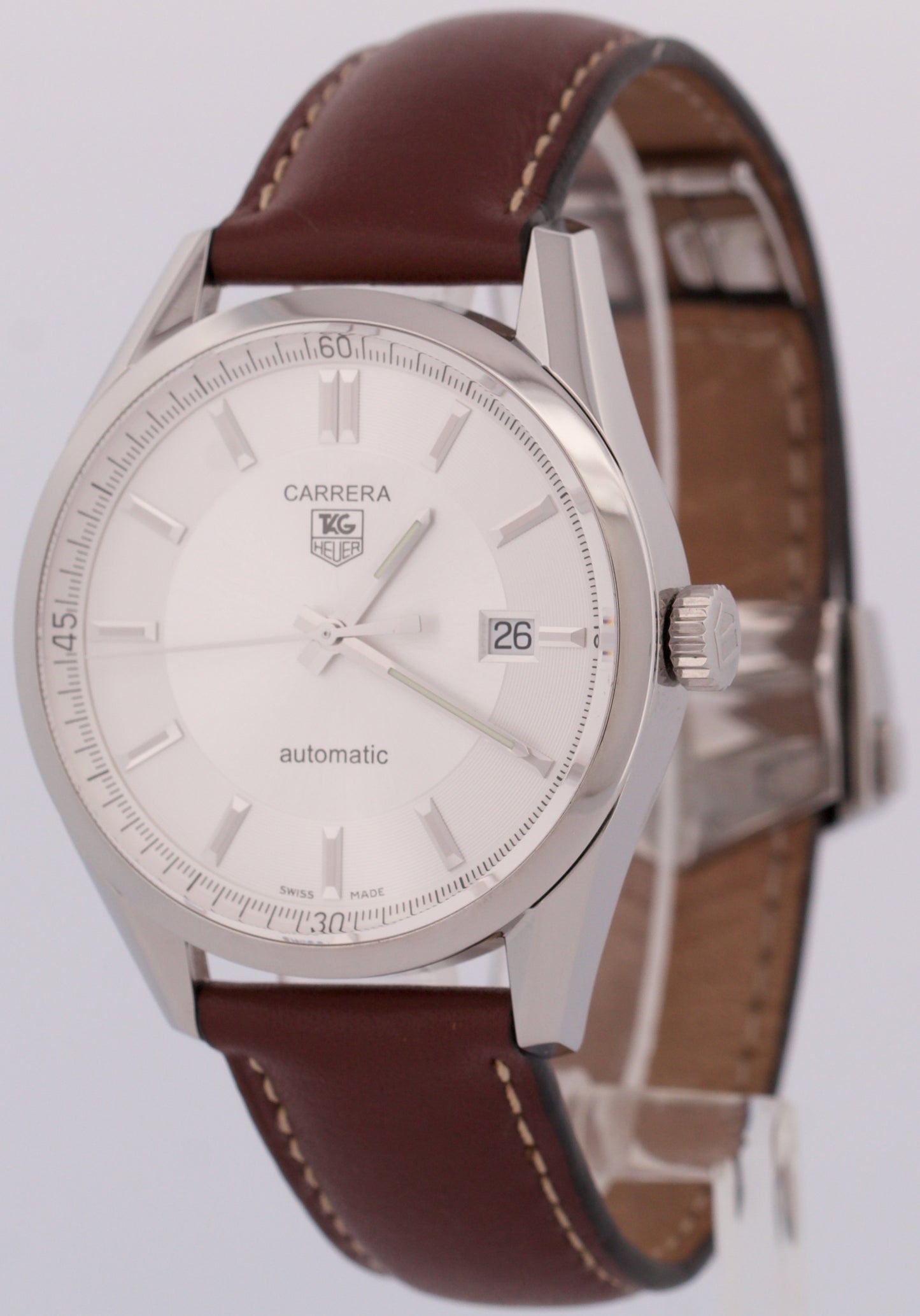 MINT Tag Heuer Carrera Date Calibre 5 Steel SILVER 38mm Leather WV211A-0 Watch