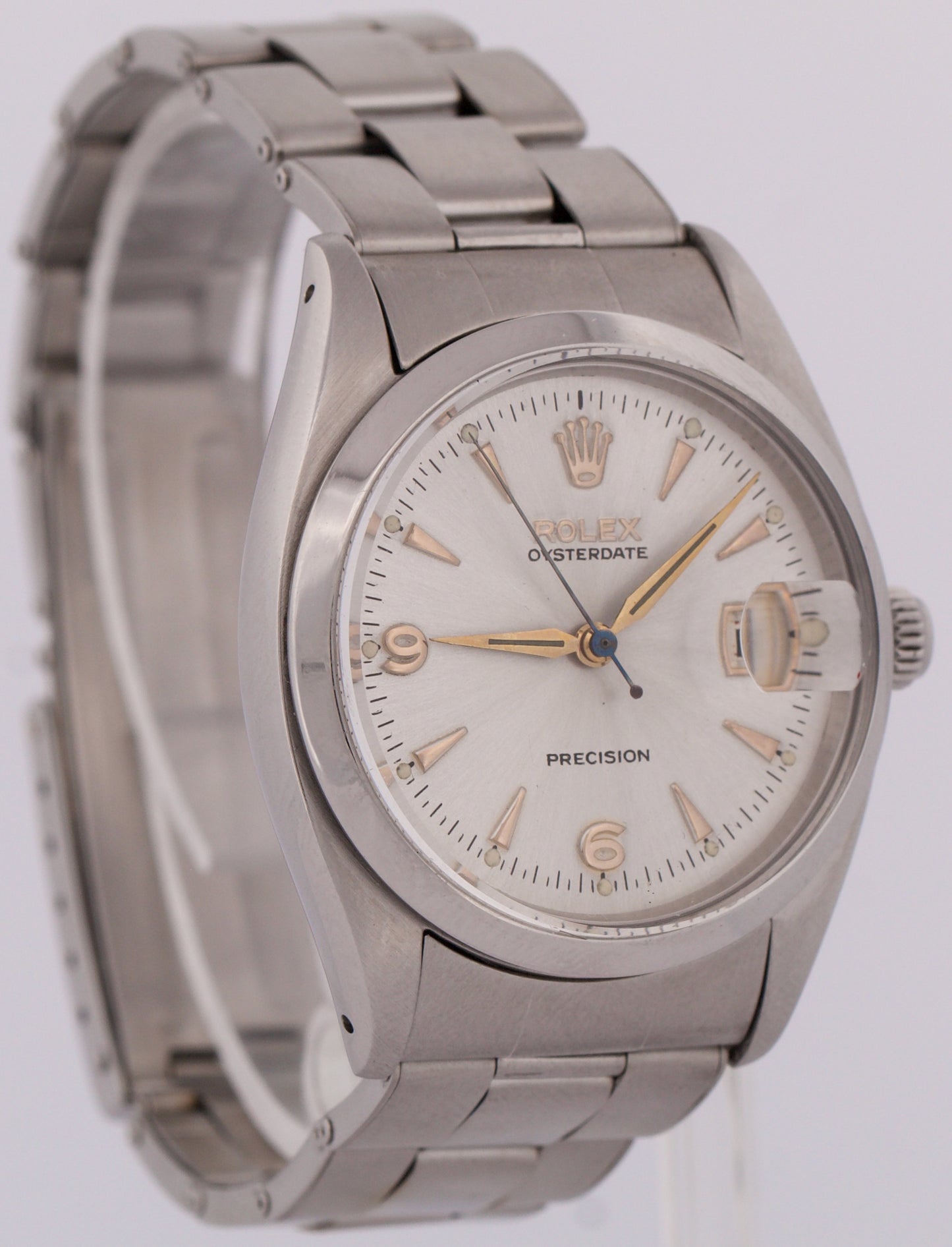 VINTAGE Rolex Oysterdate Precision PATINA SILVER Stainless Steel 34mm Watch 6494
