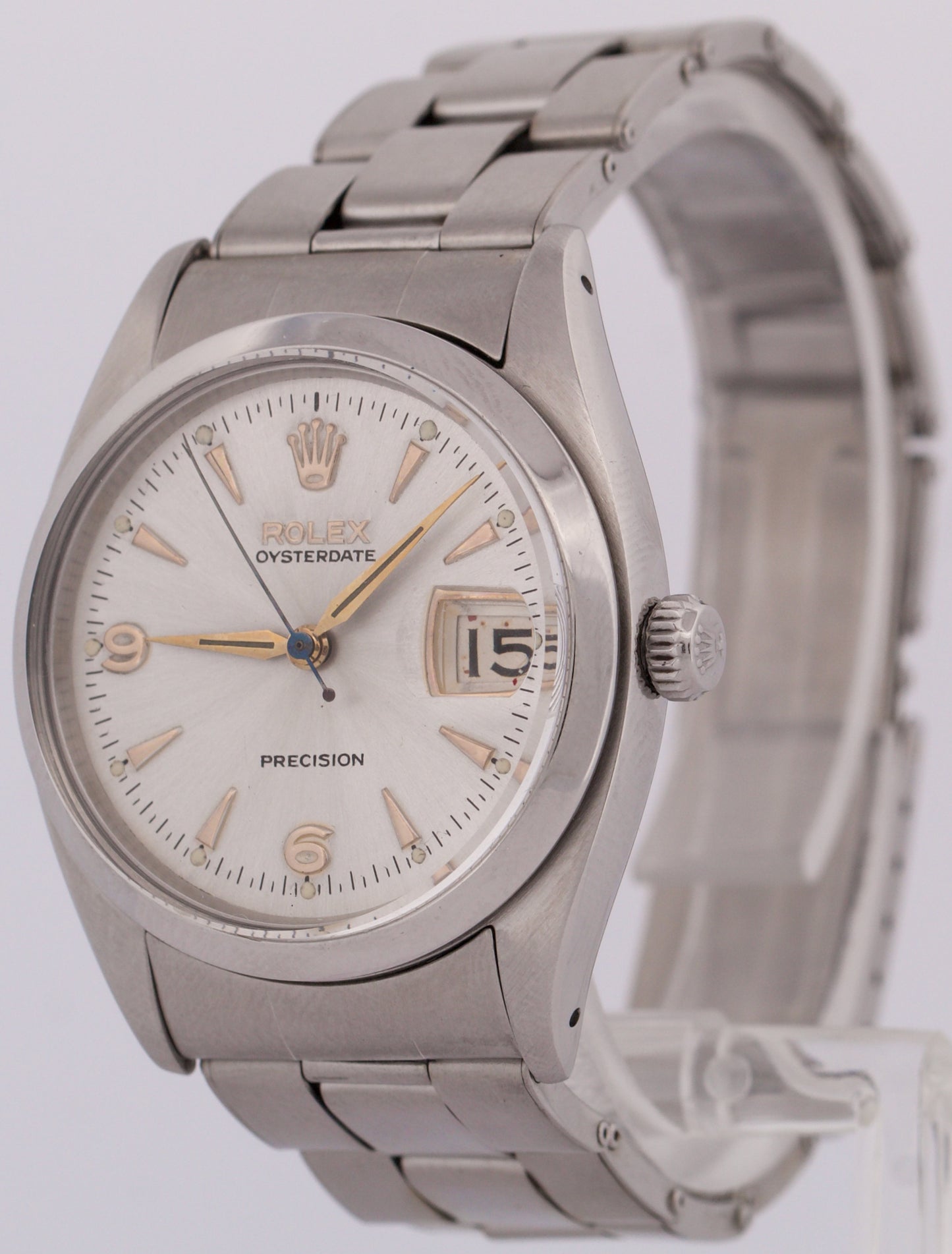 VINTAGE Rolex Oysterdate Precision PATINA SILVER Stainless Steel 34mm Watch 6494