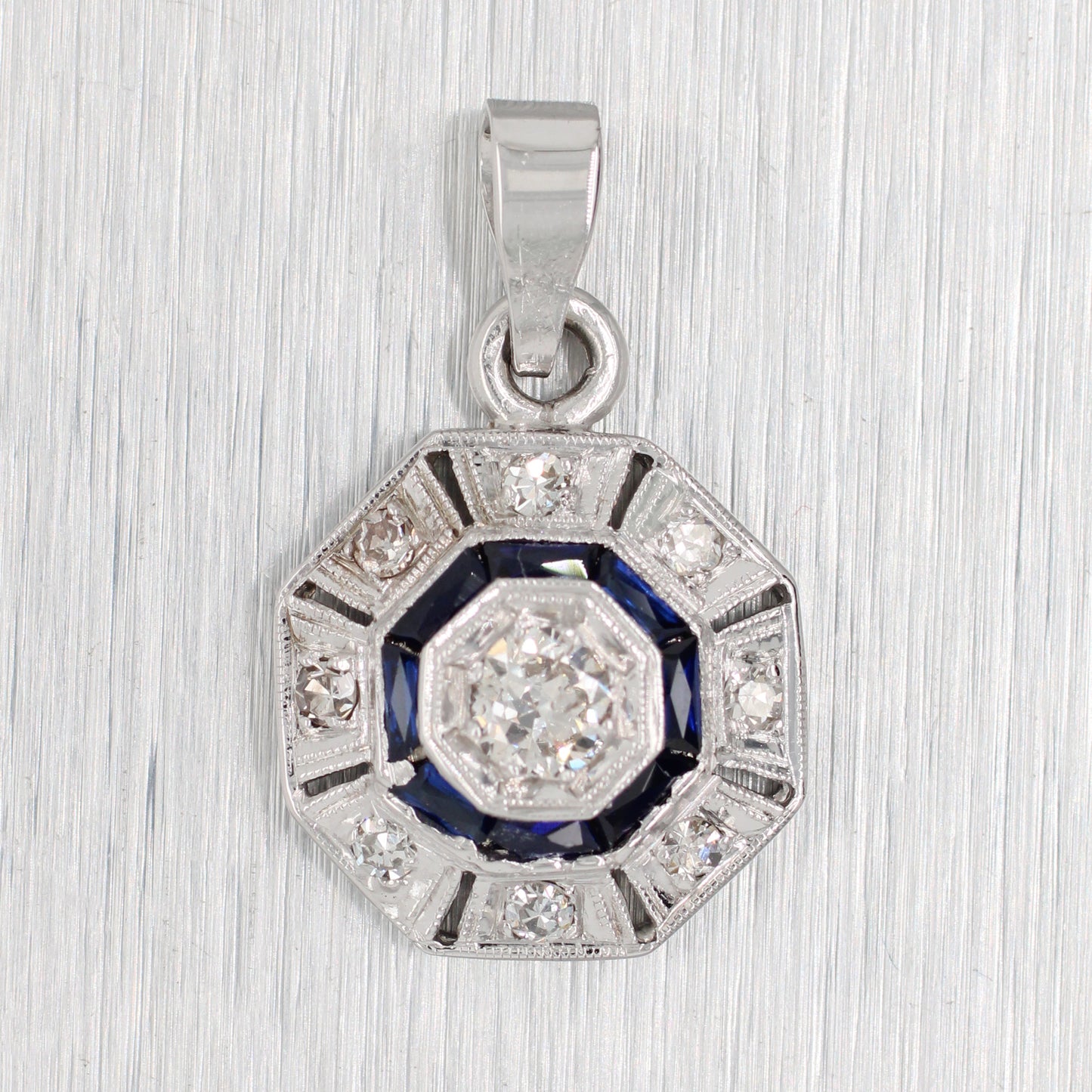 Antique Art Deco Diamond Sapphire Octagon Pendant - 14k White Gold Necklace - 16"