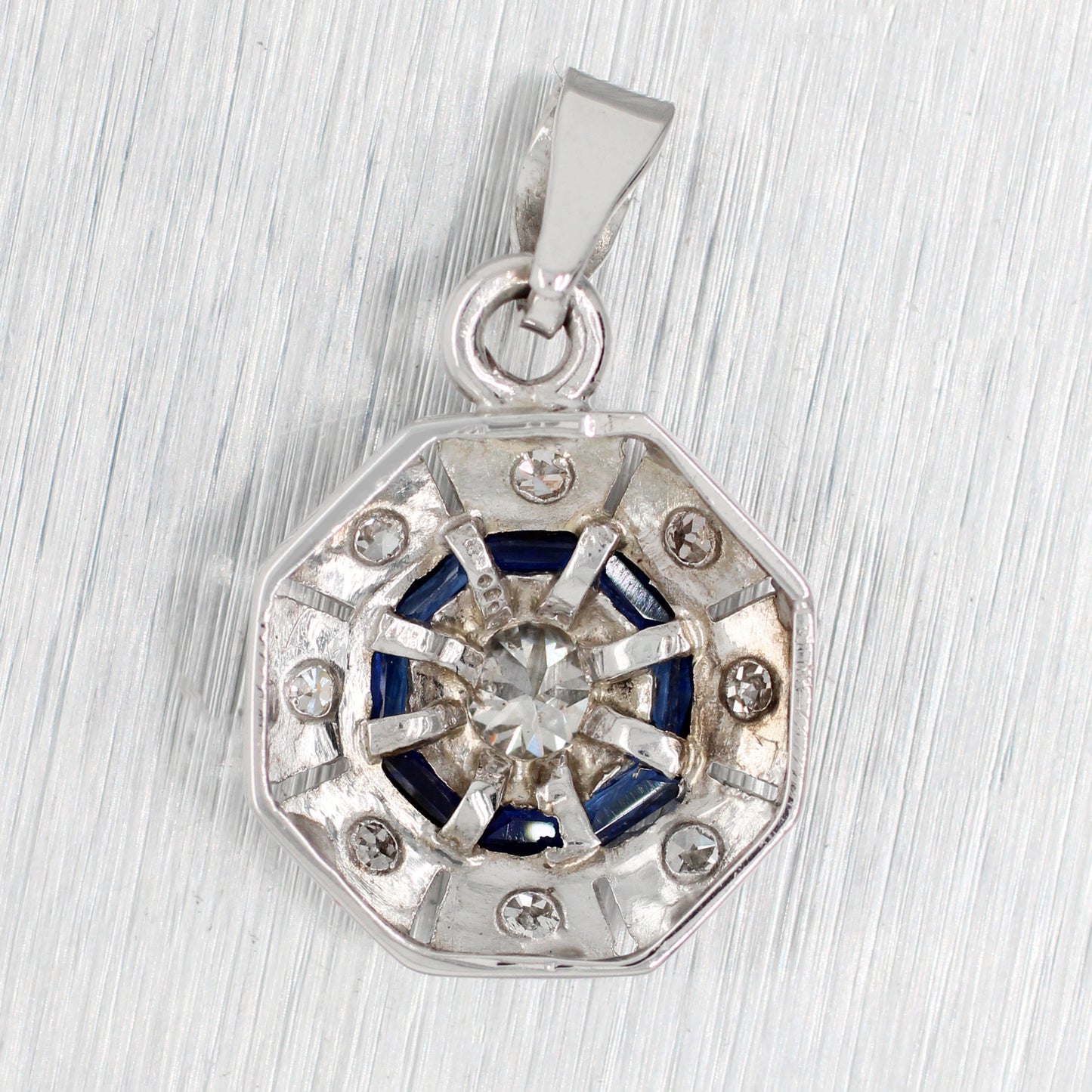 Antique Art Deco Diamond Sapphire Octagon Pendant - 14k White Gold Necklace - 16"