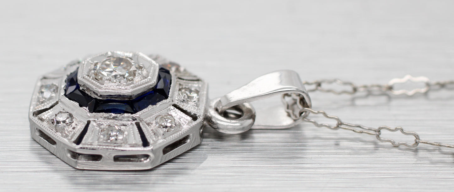 Antique Art Deco Diamond Sapphire Octagon Pendant - 14k White Gold Necklace - 16"