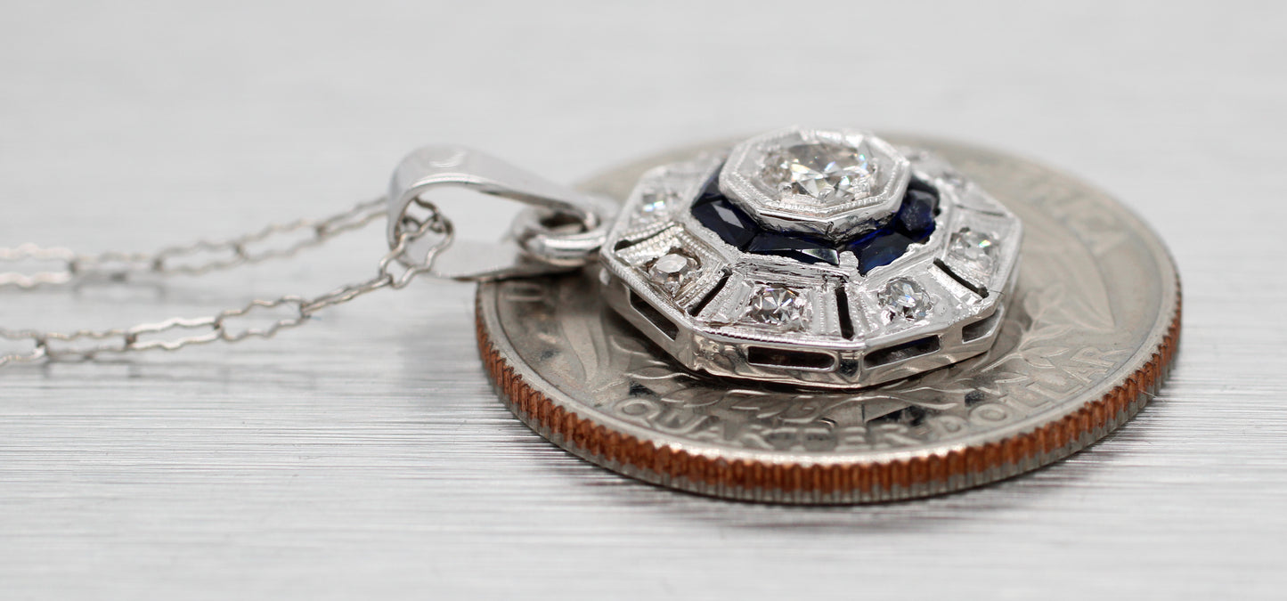Antique Art Deco Diamond Sapphire Octagon Pendant - 14k White Gold Necklace - 16"