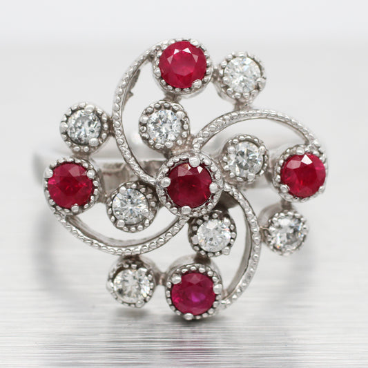 Antique Art Deco 0.30 ctw Ruby & Diamond Swirl Cocktail Ring - 14k White Gold