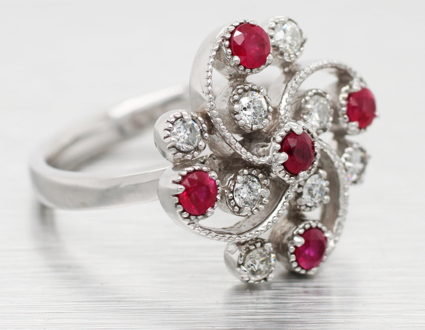 Antique Art Deco 0.30 ctw Ruby & Diamond Swirl Cocktail Ring - 14k White Gold