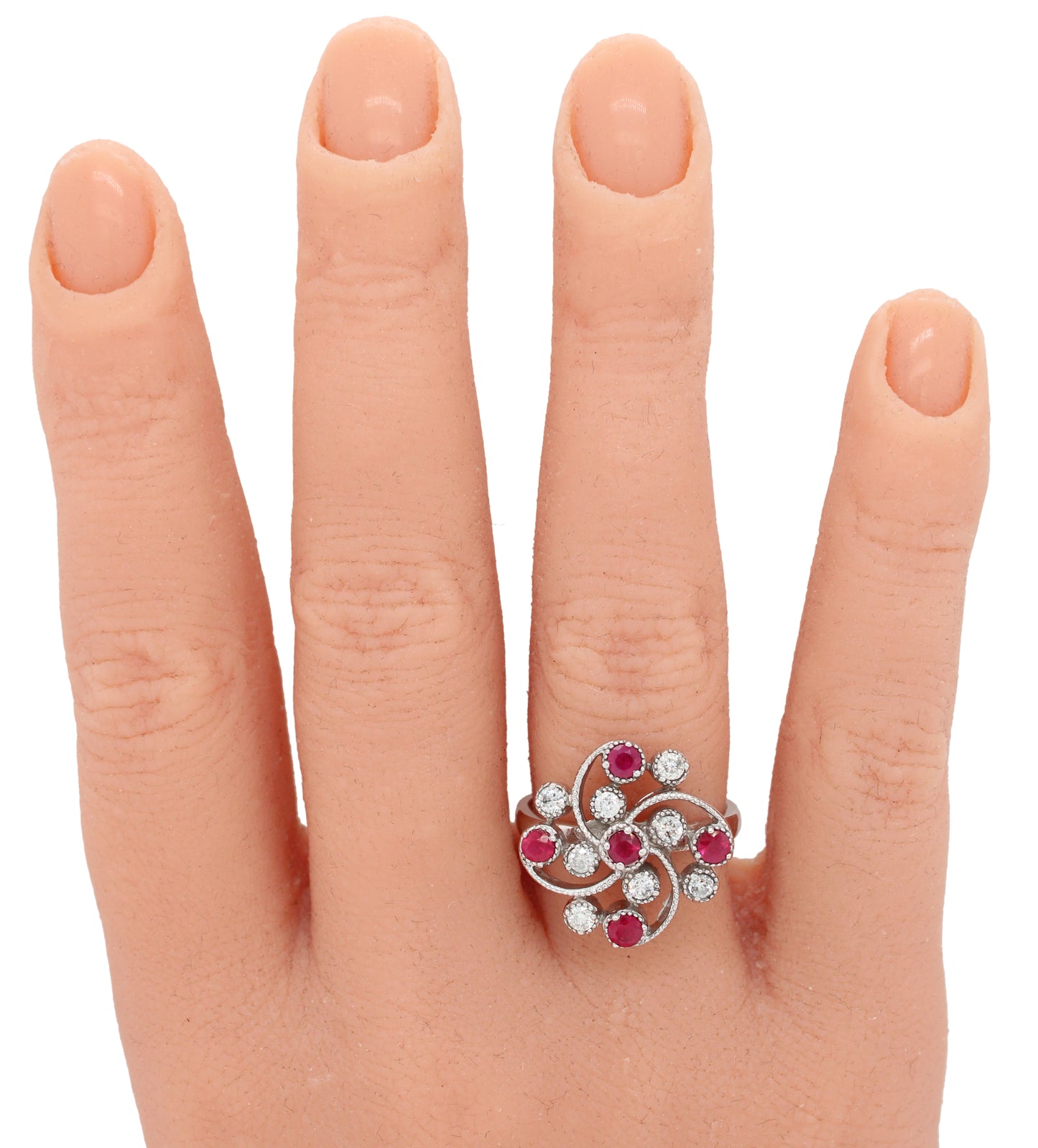 Antique Art Deco 0.30 ctw Ruby & Diamond Swirl Cocktail Ring - 14k White Gold