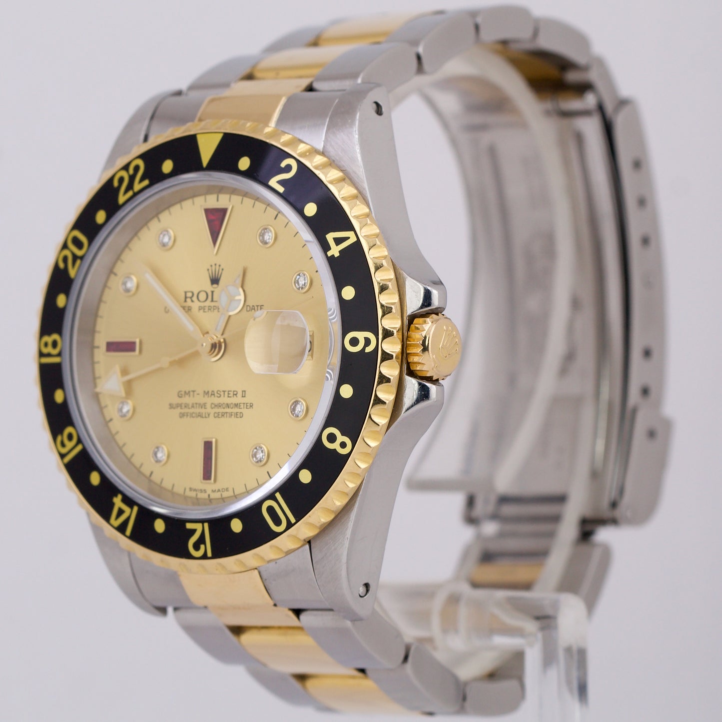 Rolex GMT-Master II CHAMPAGNE SERTI DIAMOND Black 18K Gold Steel Date 40mm 16713