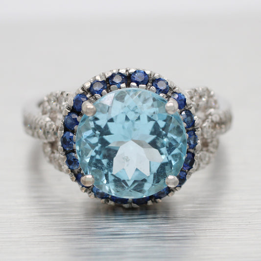 Round Blue Topaz, Sapphire, and Diamond Cocktail Ring - 14k White Gold - Size 7