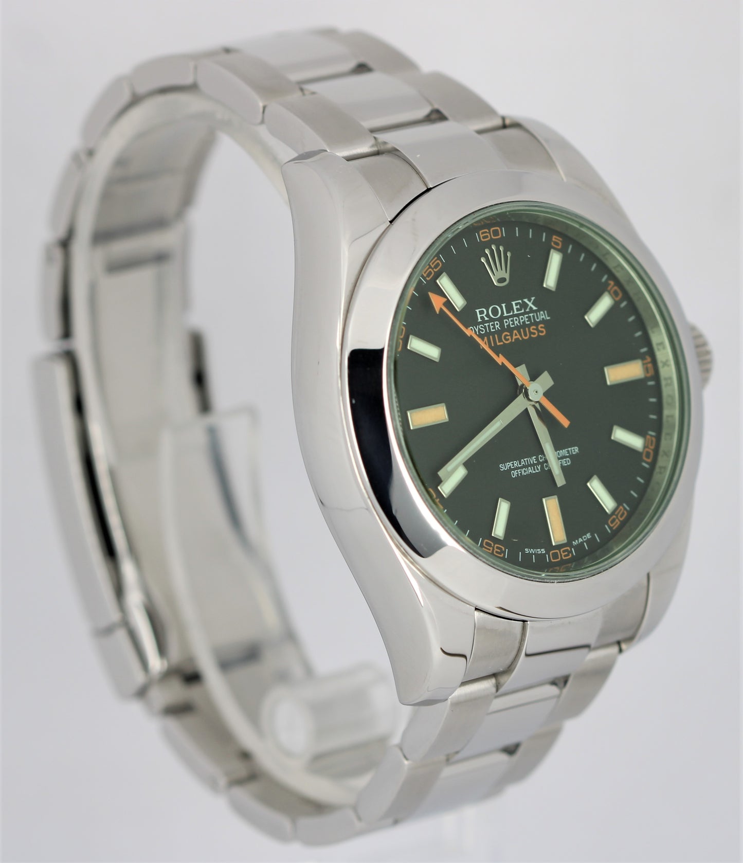 Rolex Milgauss Stainless Green Anniversary Crystal Black 40mm 116400 GV Watch