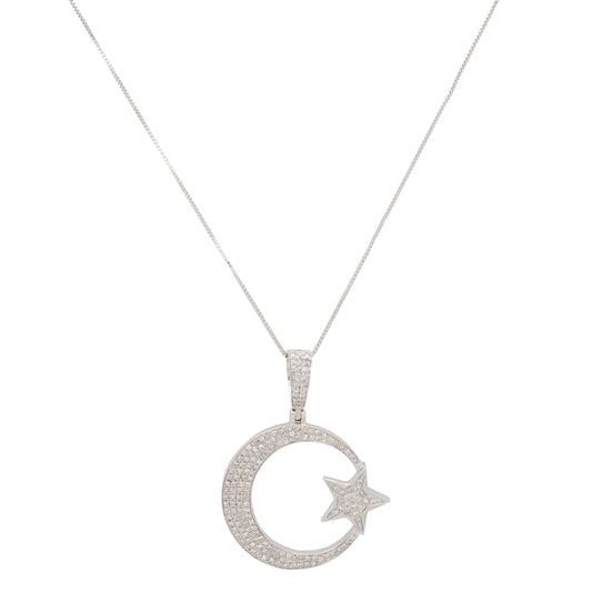 Cluster Diamond Moon & Star Pendant 14k White Gold 20" Necklace - 0.35ctw