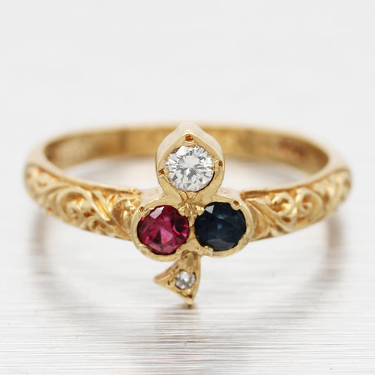Antique Art Deco Diamond Ruby & Sapphire Club Clover Ring - 14k Yellow Gold Band