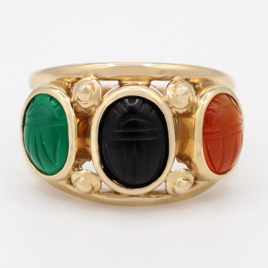 Vintage Multicolor Scarab Band Ring - 14k Yellow Gold Onyx & Carnelian 3 Stones