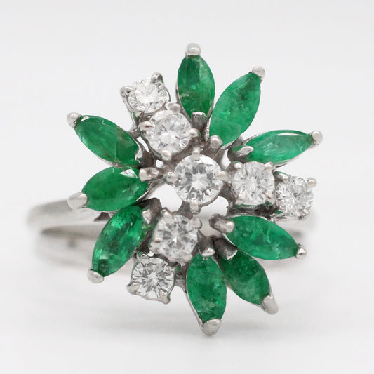 Vintage 0.50ctw Emerald & Diamond Floral Cocktail Ring - 14k White Gold