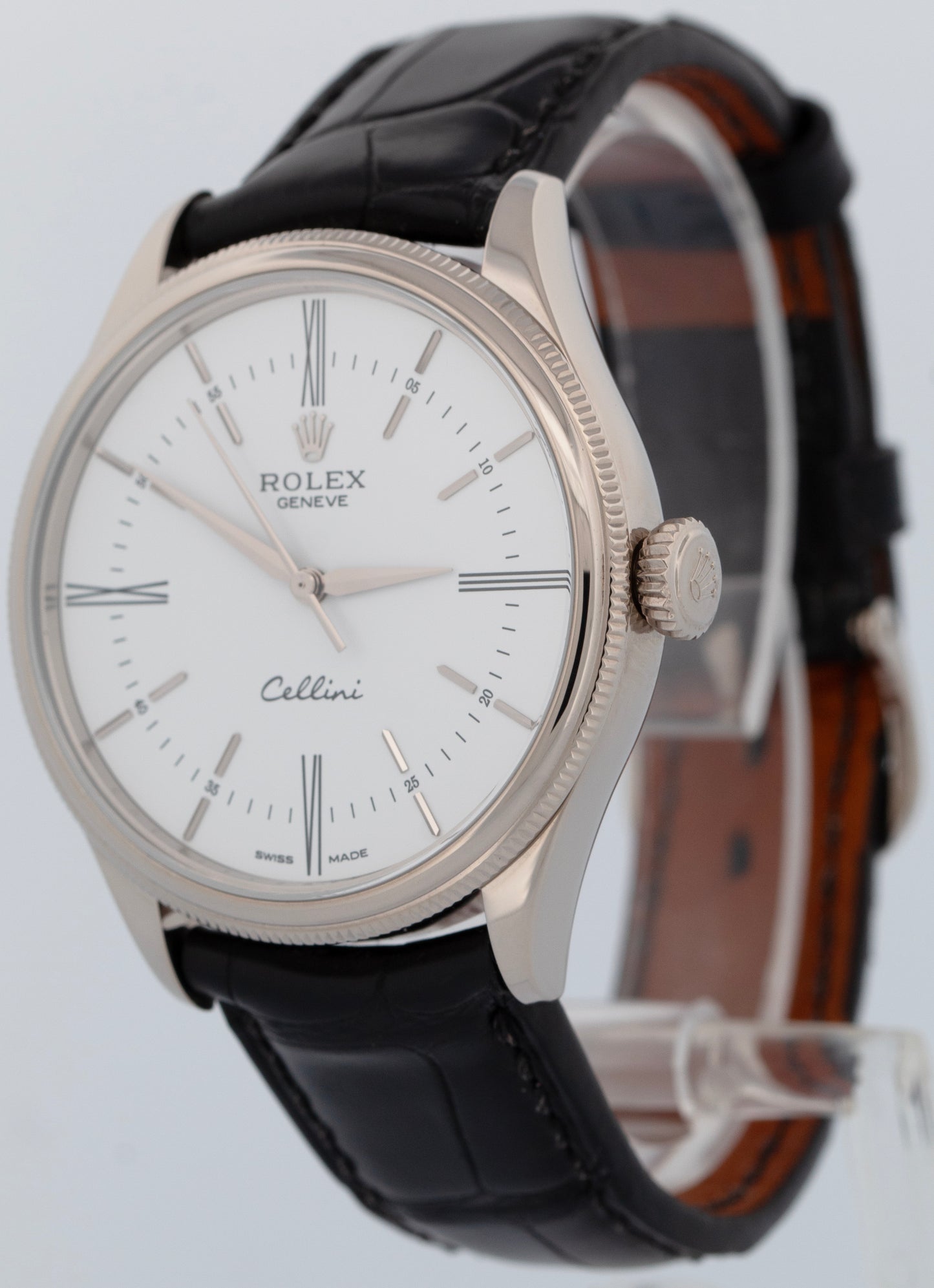 MINT Rolex Cellini White Leather 18K White Gold 39mm Automatic Watch 50509