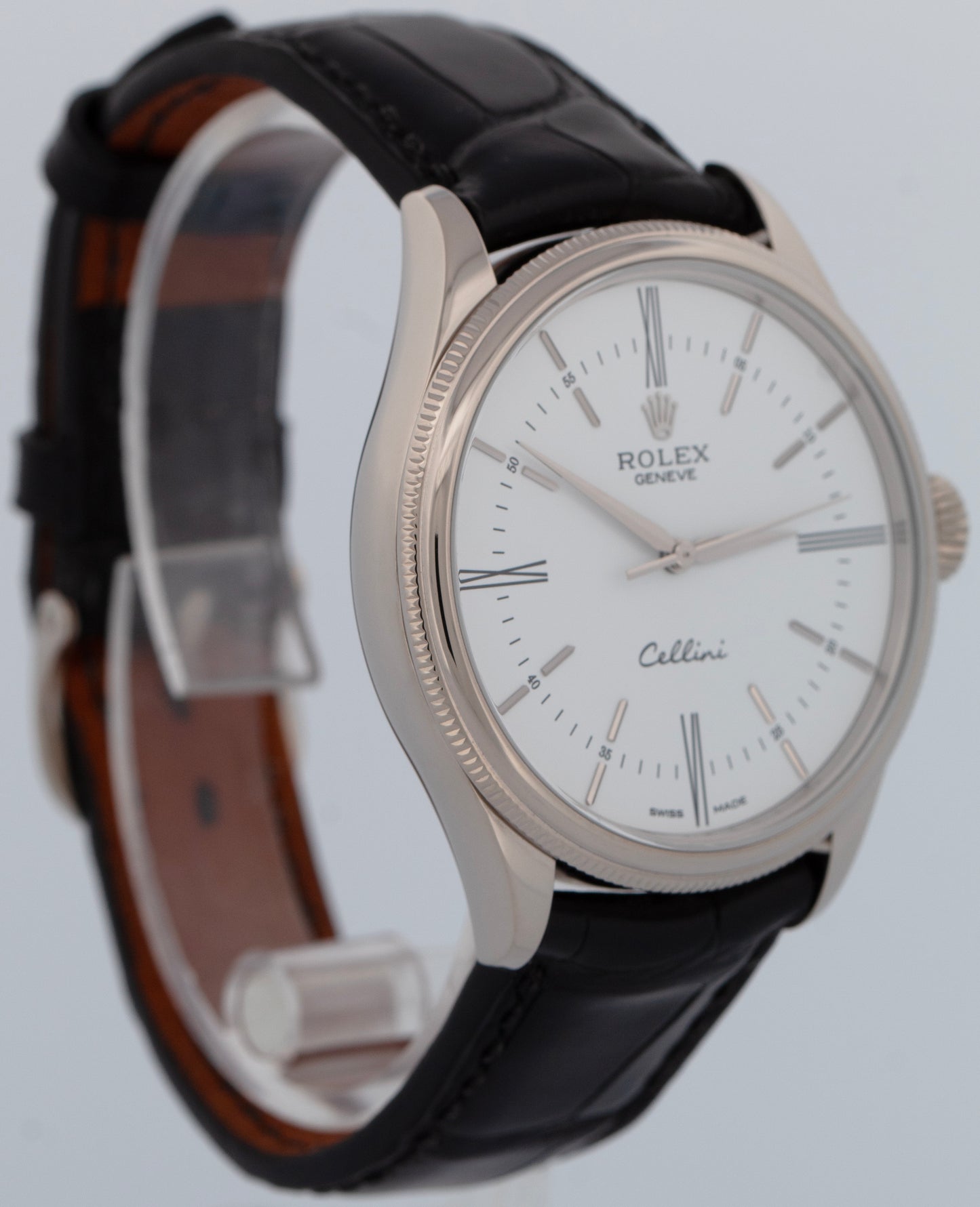 MINT Rolex Cellini White Leather 18K White Gold 39mm Automatic Watch 50509