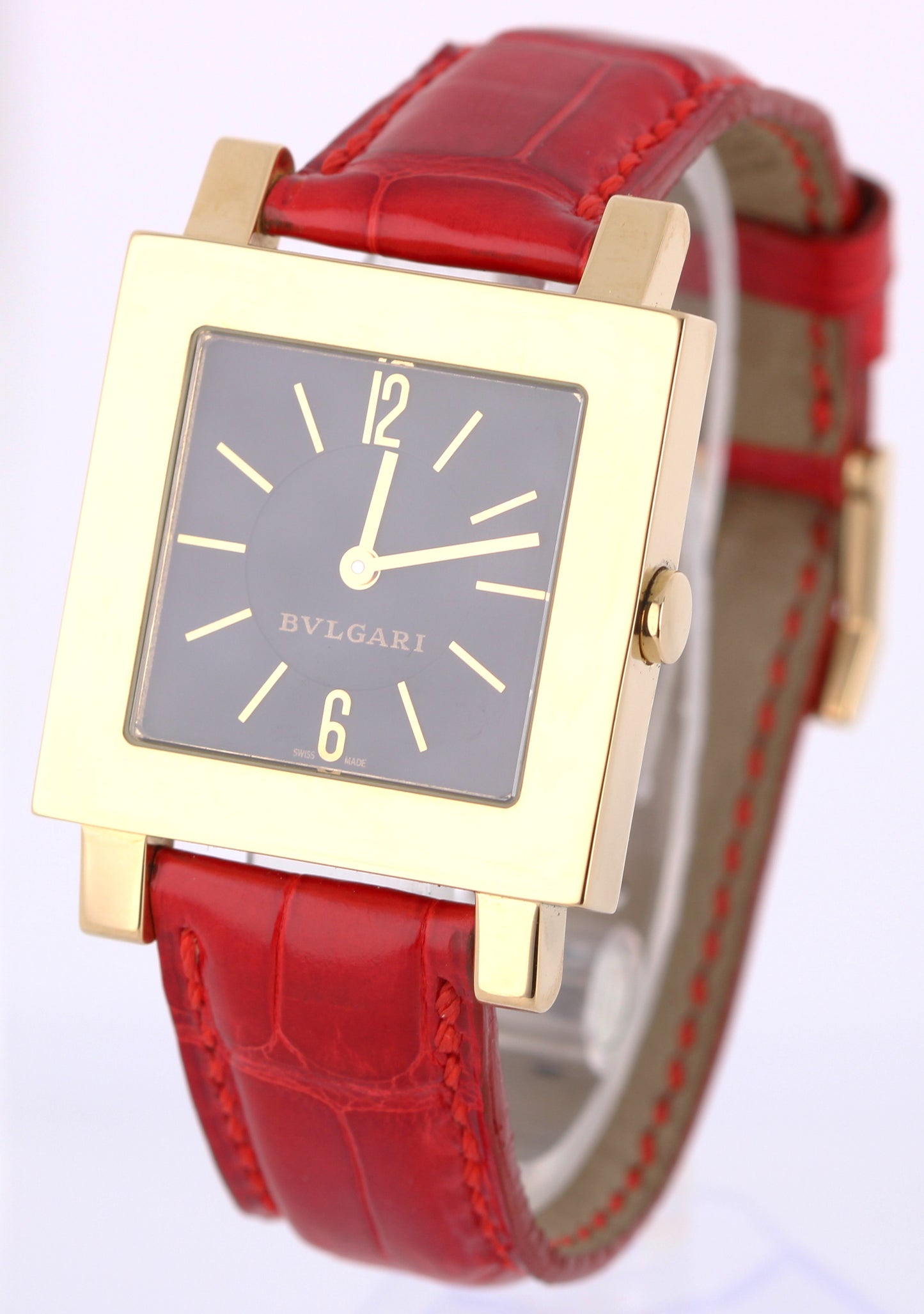 Bvlgari Quadratto 18k Yellow Gold Black 29mm QUARTZ Red Leather SQ 29 GL Watch