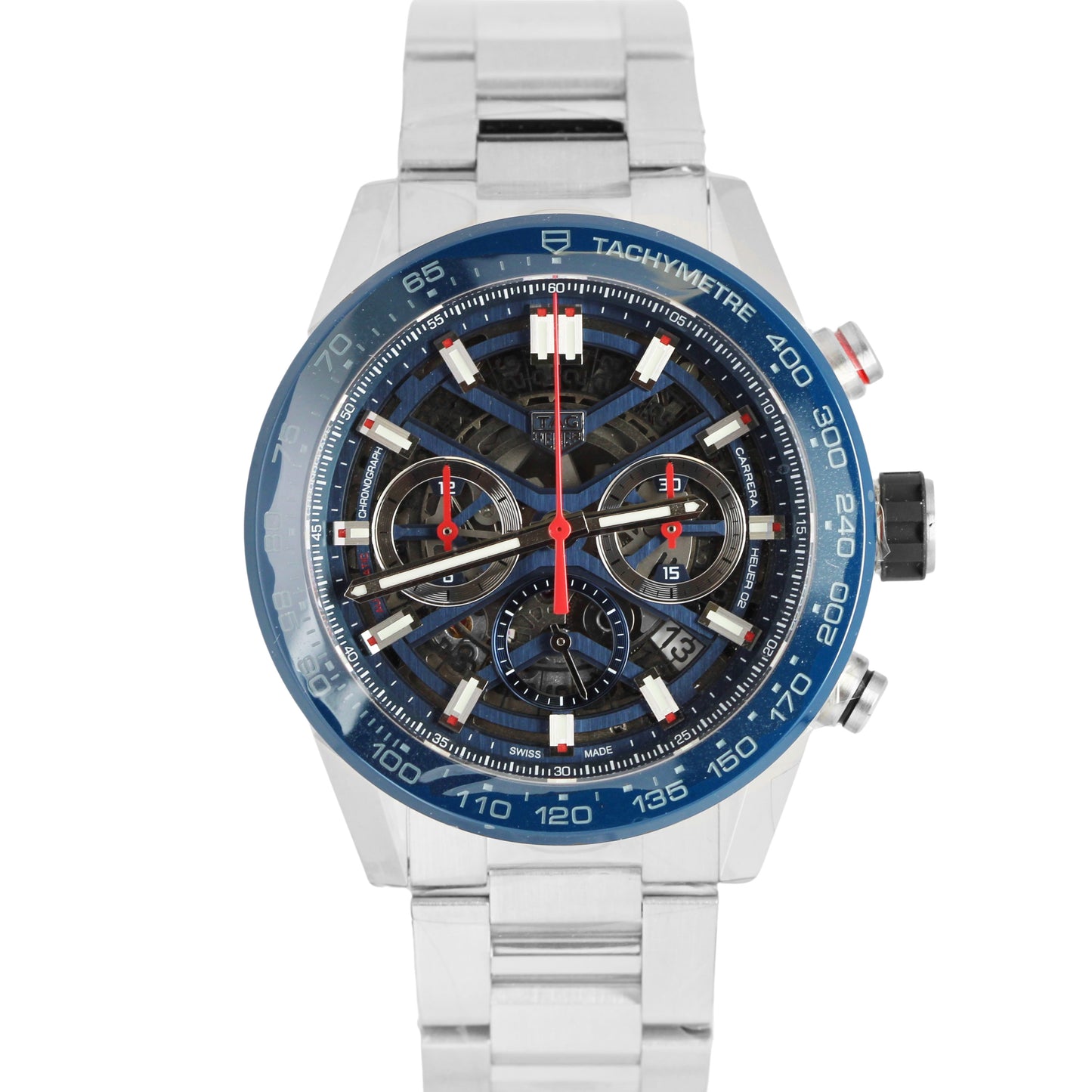 NEW 2023 Tag Heuer Carrera Steel Blue Skeleton Dial 45mm CBG2A11.BA0654 Watch