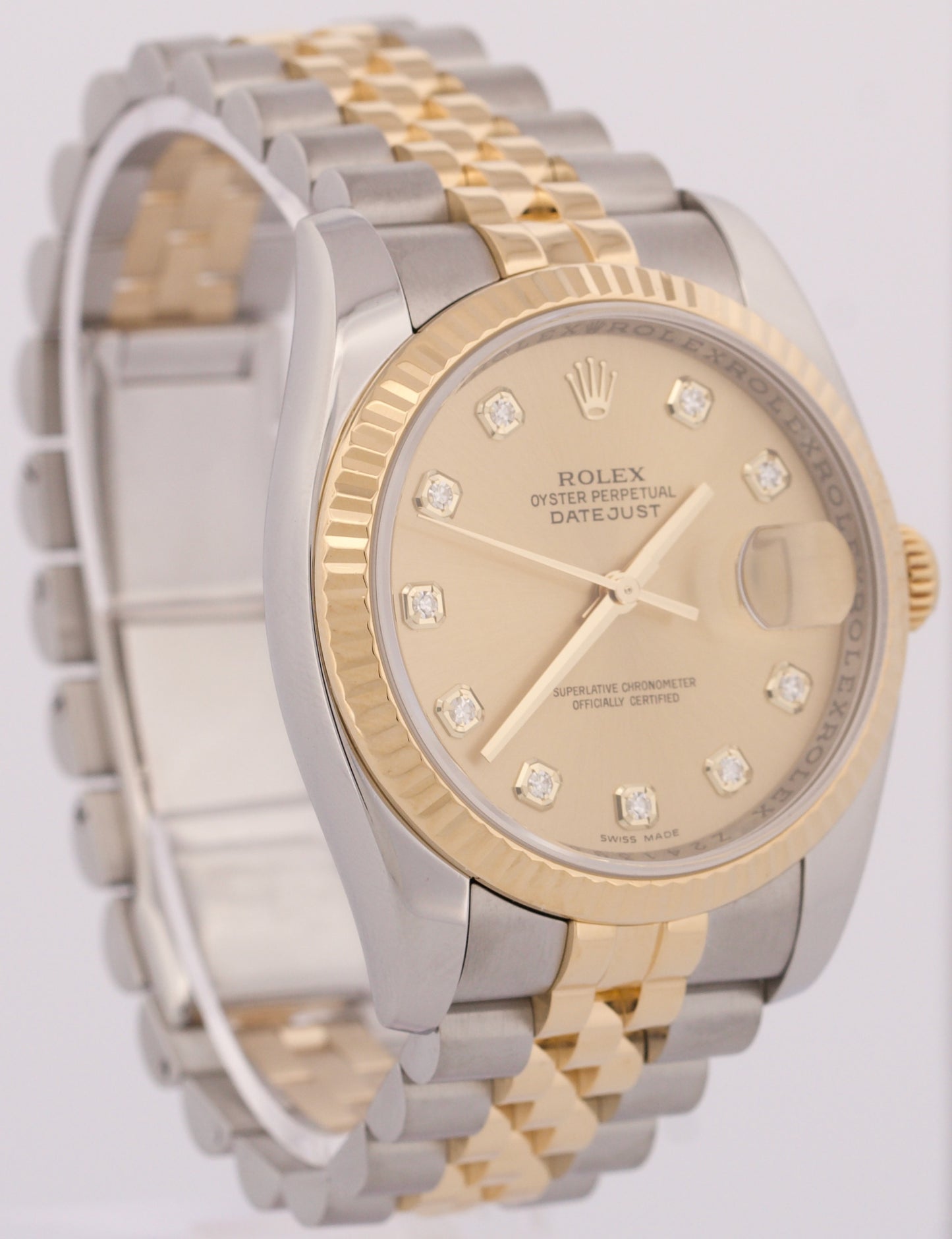 MINT PAPERS Rolex DateJust 36mm CHAMPAGNE DIAMOND 18K Gold JUBILEE 116233 BOX
