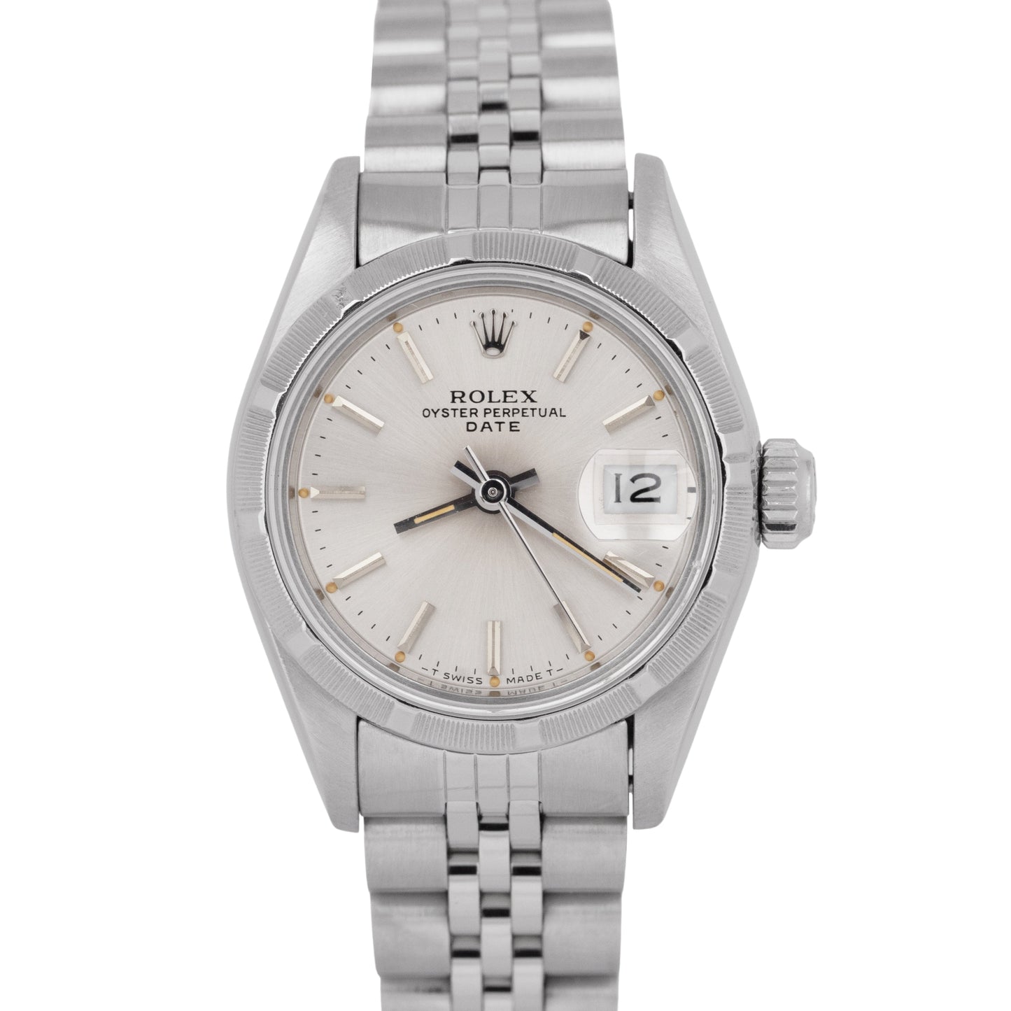 Ladies Rolex Oyster Perpetual Date Silver 26mm Engine-Turned Steel Watch 69190