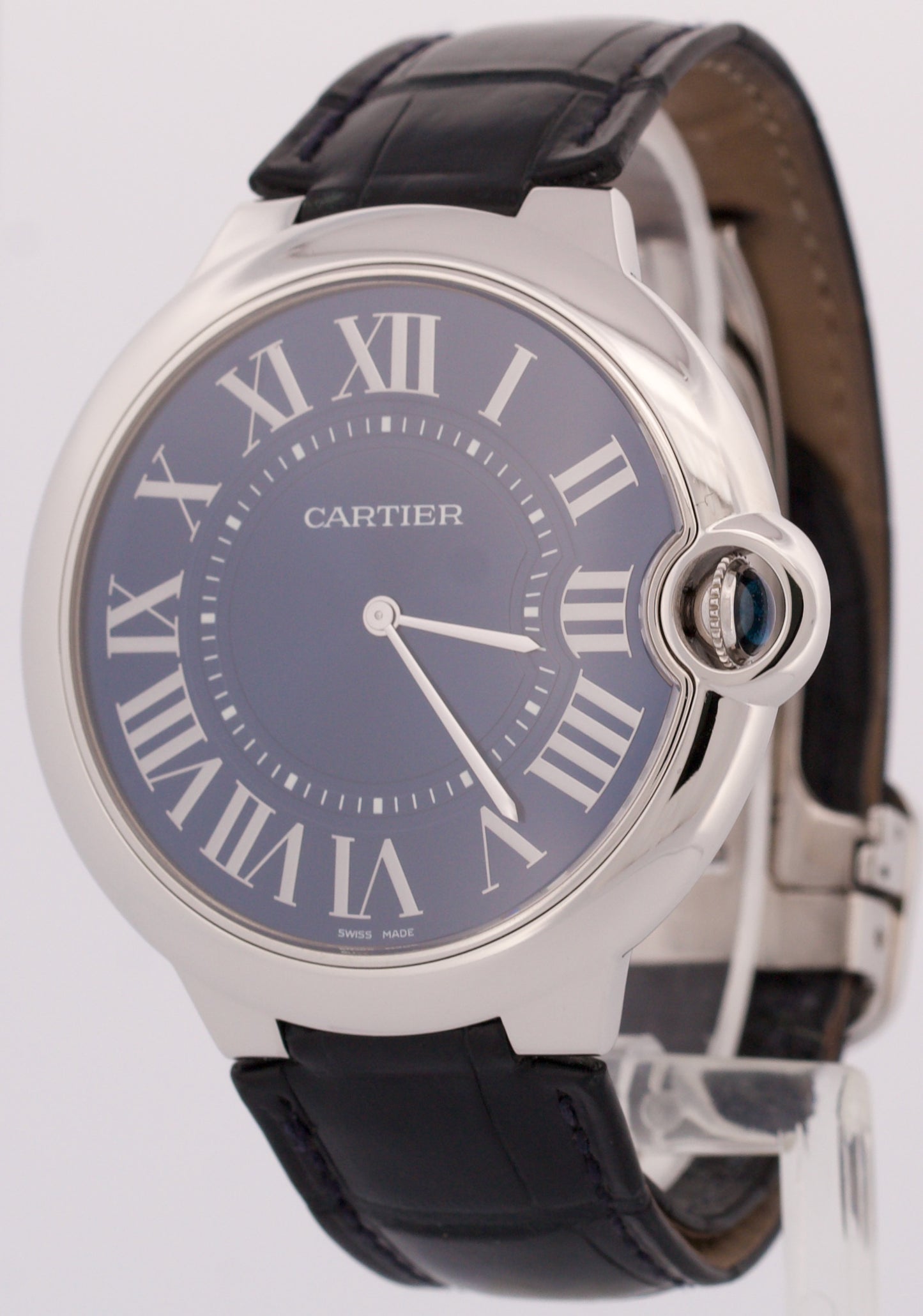 Cartier Ballon Bleu XL 46mm PLATINUM Roman BLUE Leather Automatic Watch 3377