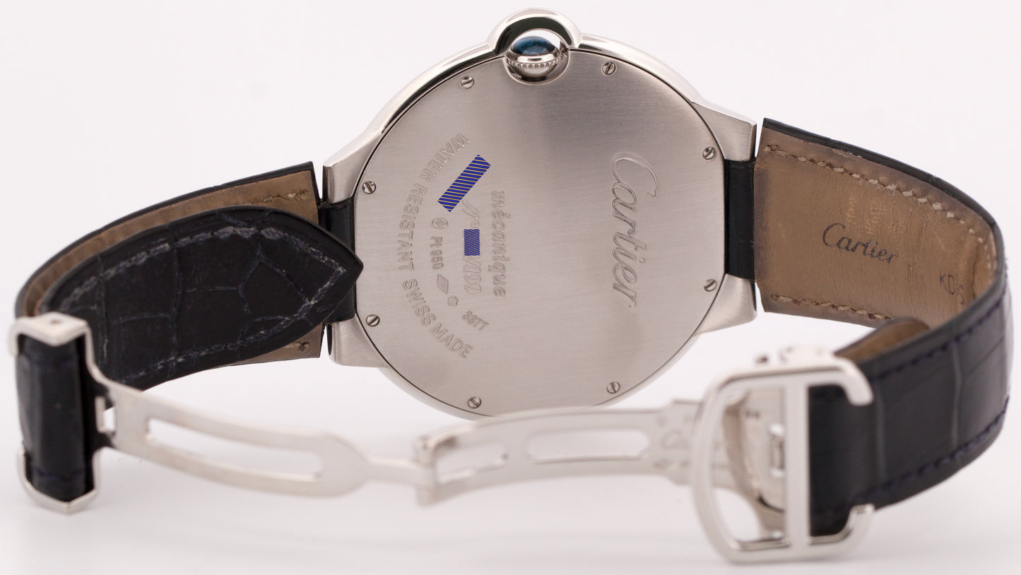 Cartier Ballon Bleu XL 46mm PLATINUM Roman BLUE Leather Automatic Watch 3377