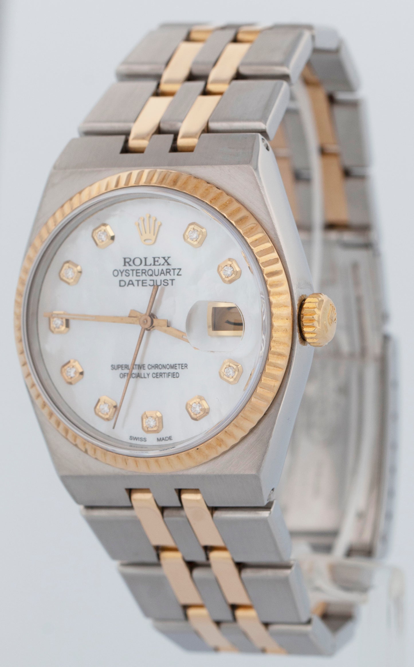 Rolex Oysterquartz DateJust 36mm MOP DIAMOND Two-Tone 18K Gold Steel Watch 17013
