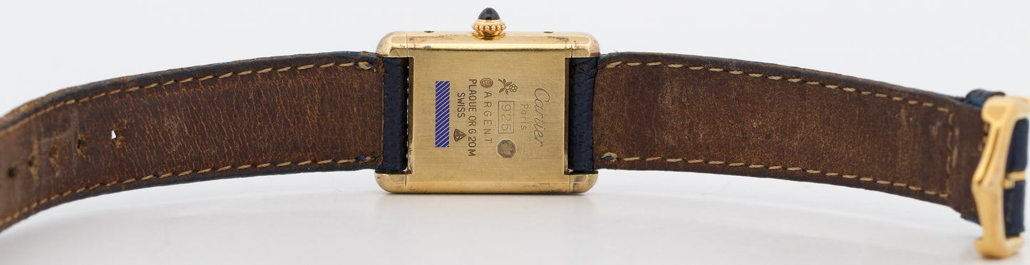 VINTAGE Cartier Tank Argent 925 Sterling Vermeil Gold BLUE MYSTERY DIAL 21mm