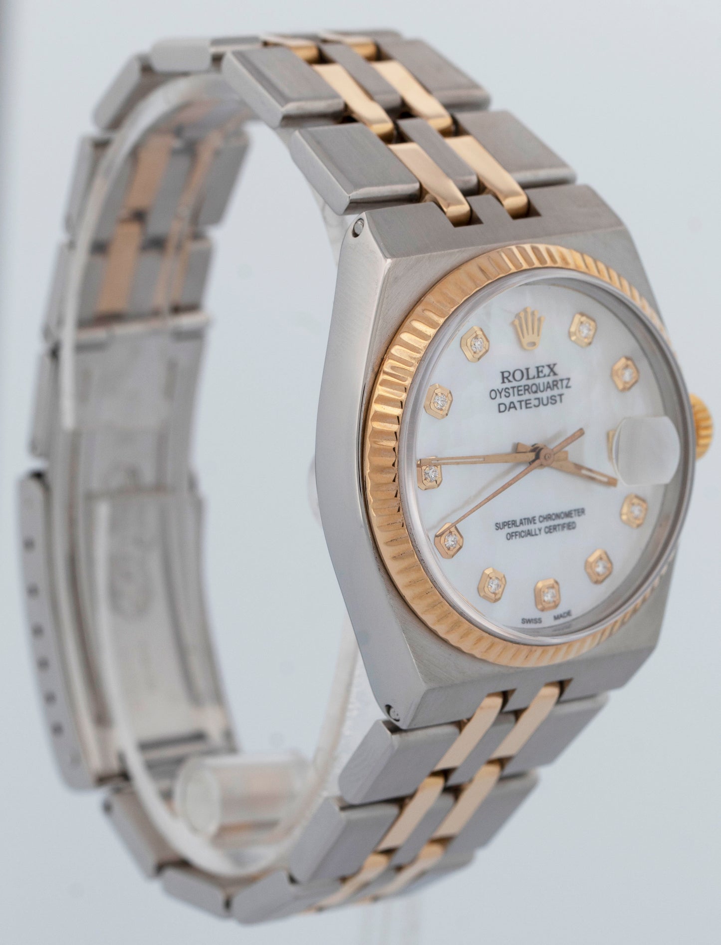 Rolex Oysterquartz DateJust 36mm MOP DIAMOND Two-Tone 18K Gold Steel Watch 17013