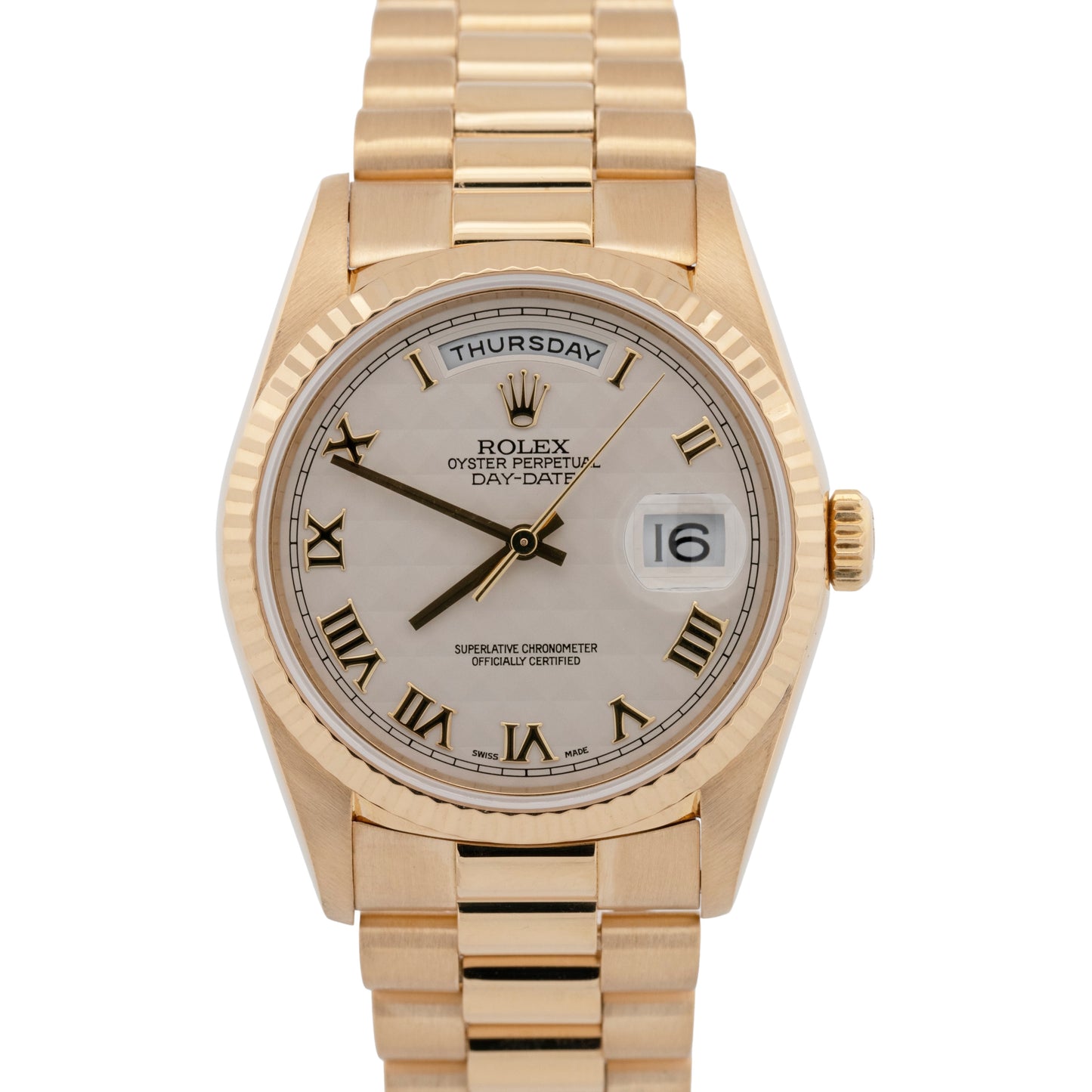 PAPERS Rolex Day-Date President 36mm Ivory Pyramid Yellow Gold Watch 18238 BOX