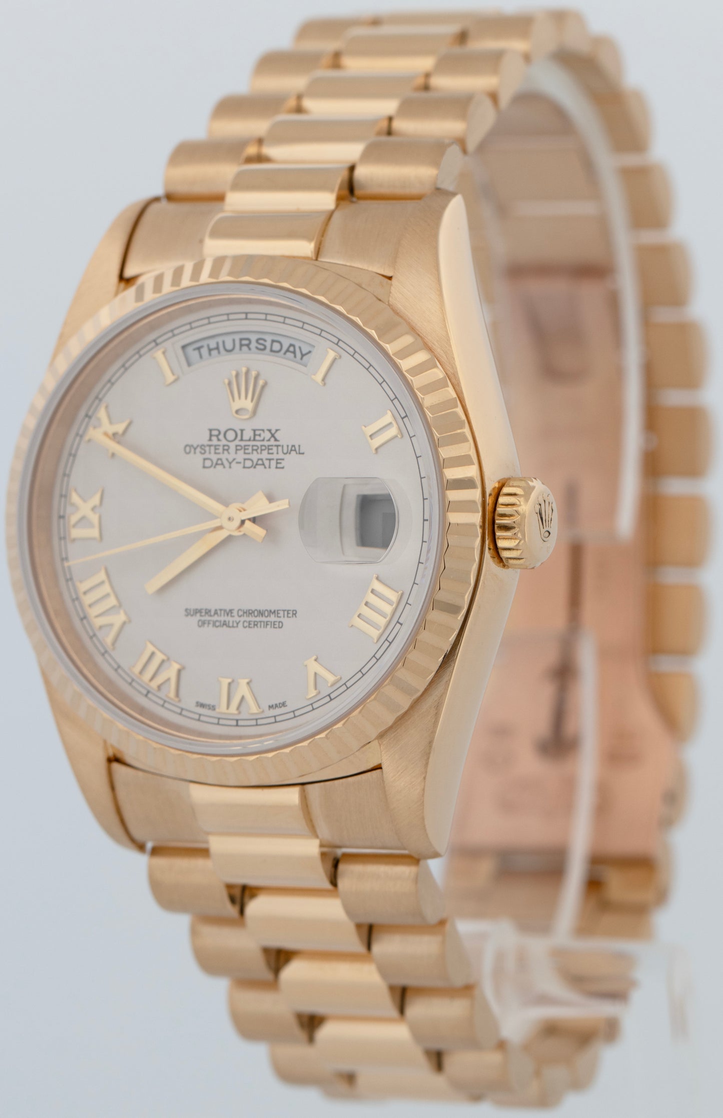 PAPERS Rolex Day-Date President 36mm Ivory Pyramid Yellow Gold Watch 18238 BOX
