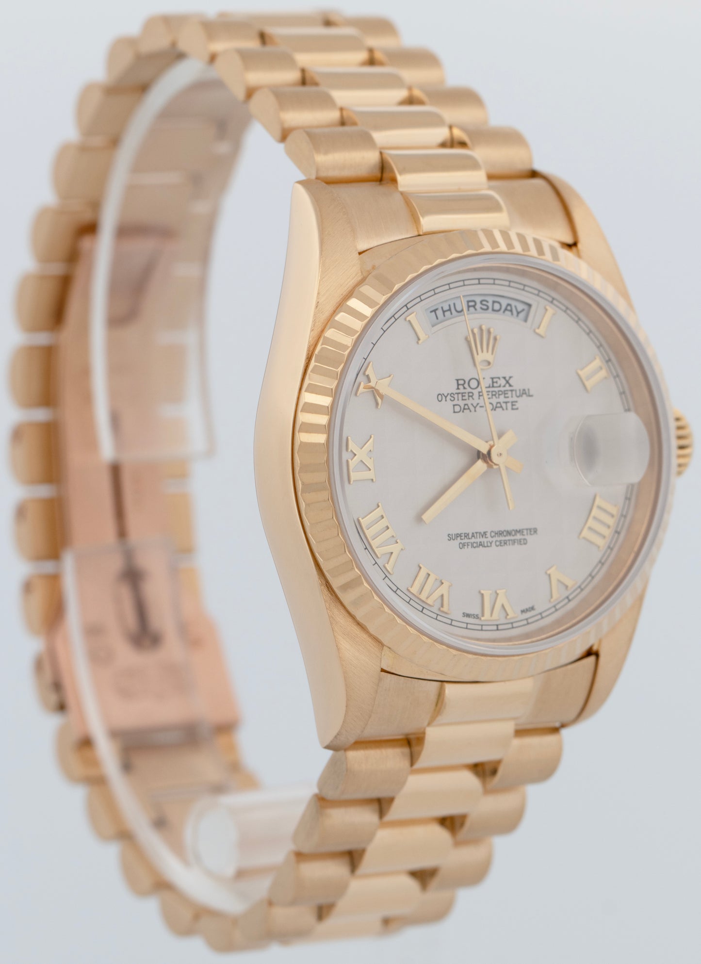PAPERS Rolex Day-Date President 36mm Ivory Pyramid Yellow Gold Watch 18238 BOX