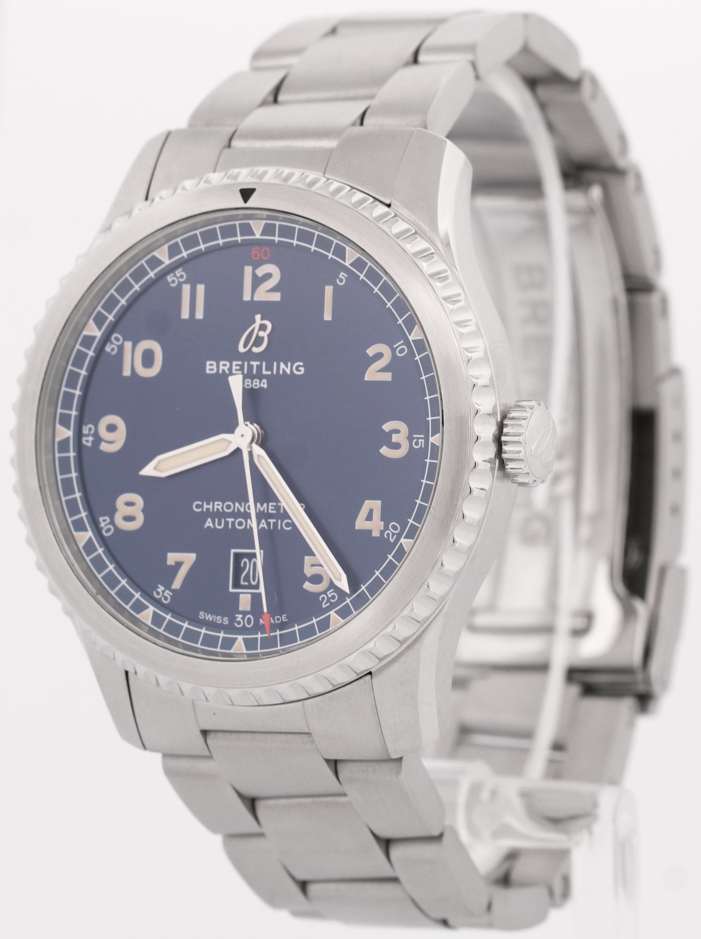 MINT 2022 PAPERS Breitling Aviator 8 BLUE Arabic Automatic Date Watch A17315 BOX