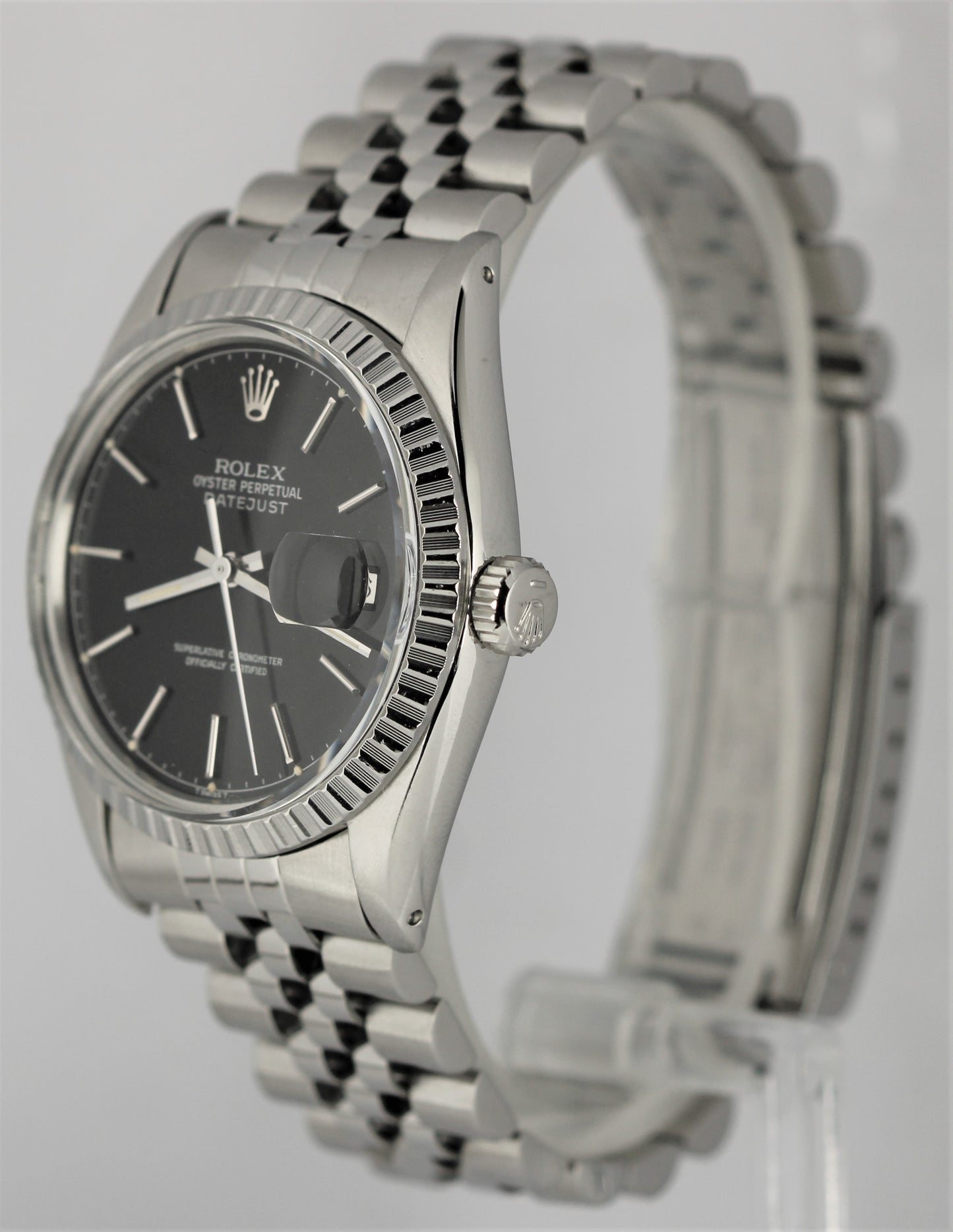 Vintage Rolex Datejust 36 Steel Engine Turned Jubilee Black 36mm 16030 Watch