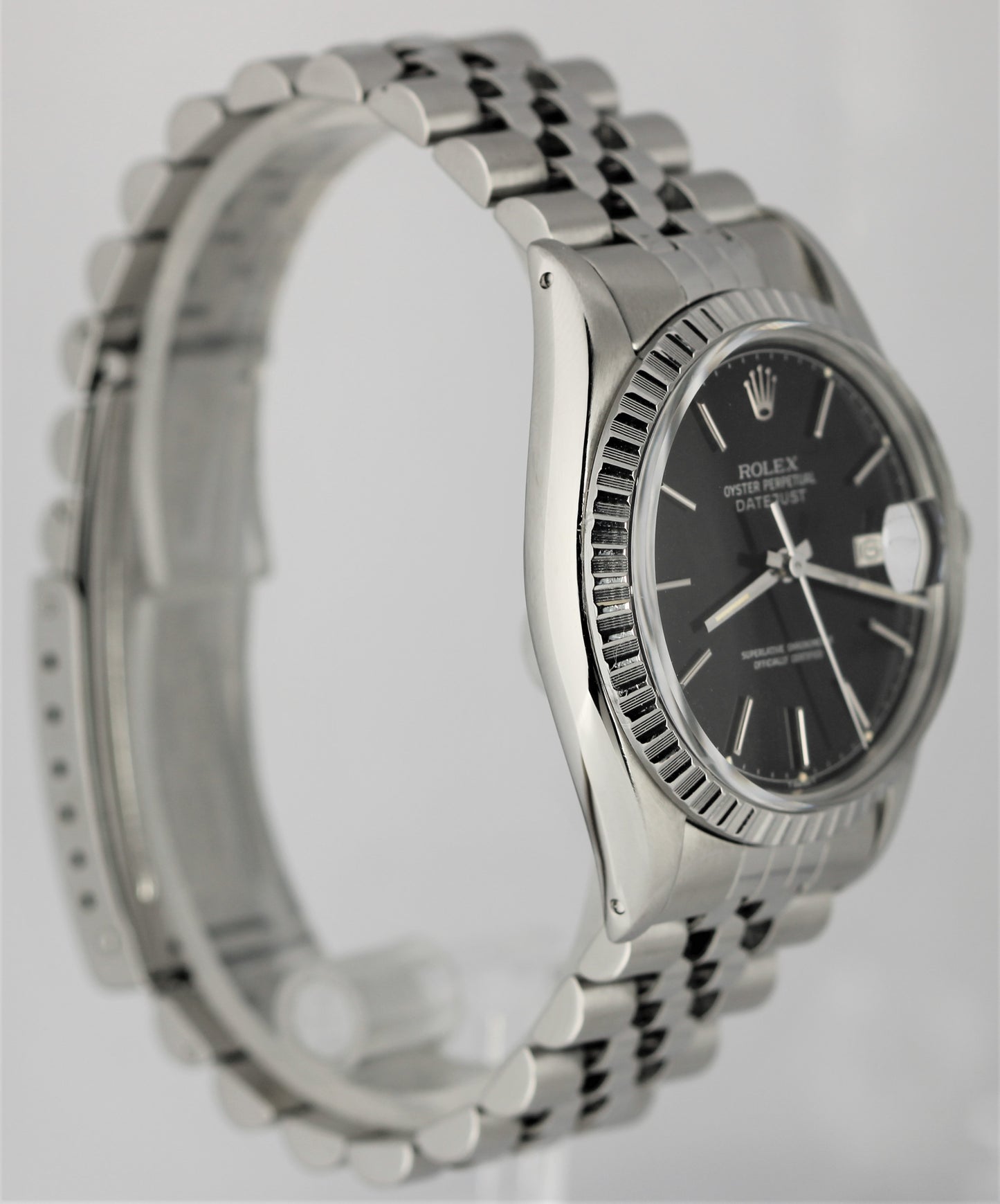 Vintage Rolex Datejust 36 Steel Engine Turned Jubilee Black 36mm 16030 Watch