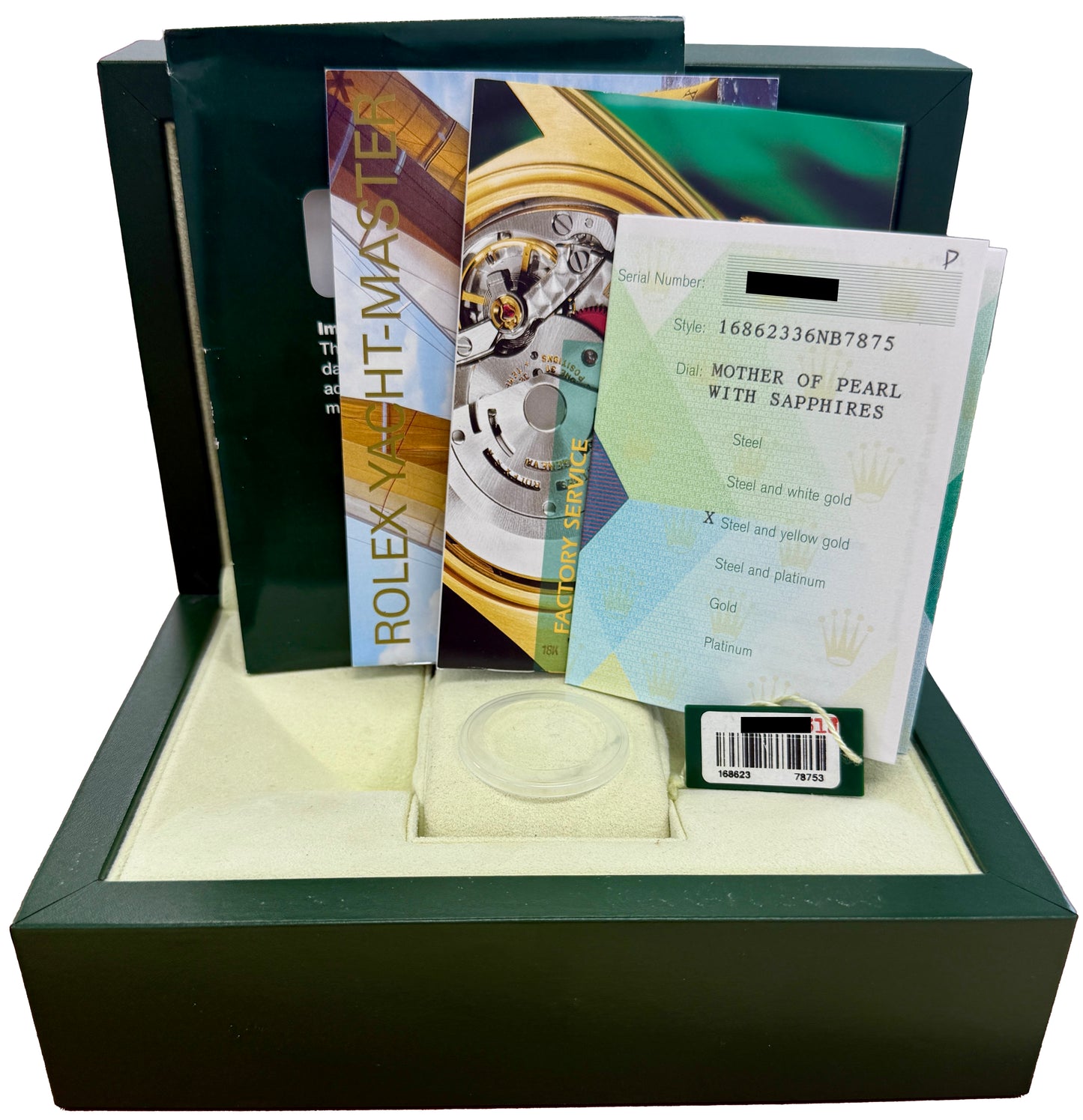 NOS PAPERS Rolex Yacht-Master 35mm MOP SERTI Dial Two-Tone Gold Watch 168623 BOX