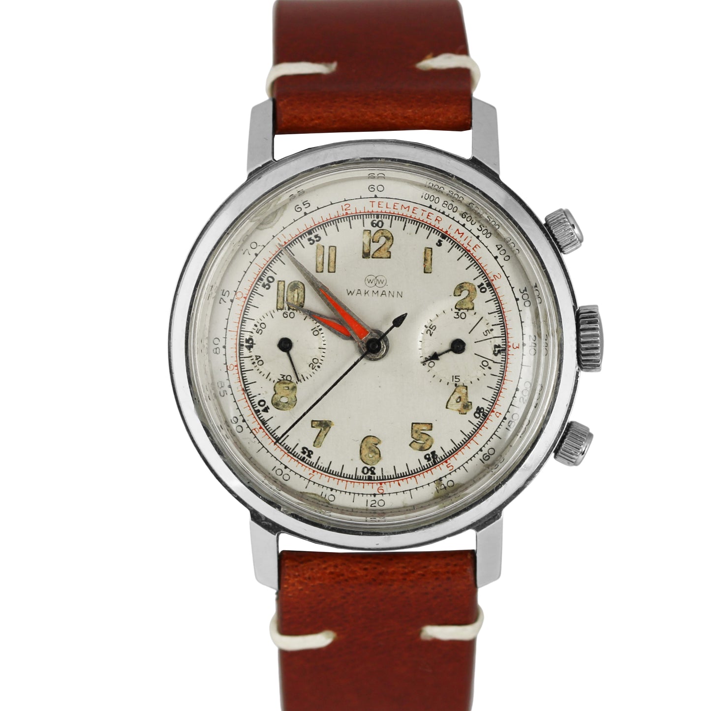 Vintage Wakmann Telemeter Mile Chronograph Steel Silver 37mm Leather Watch