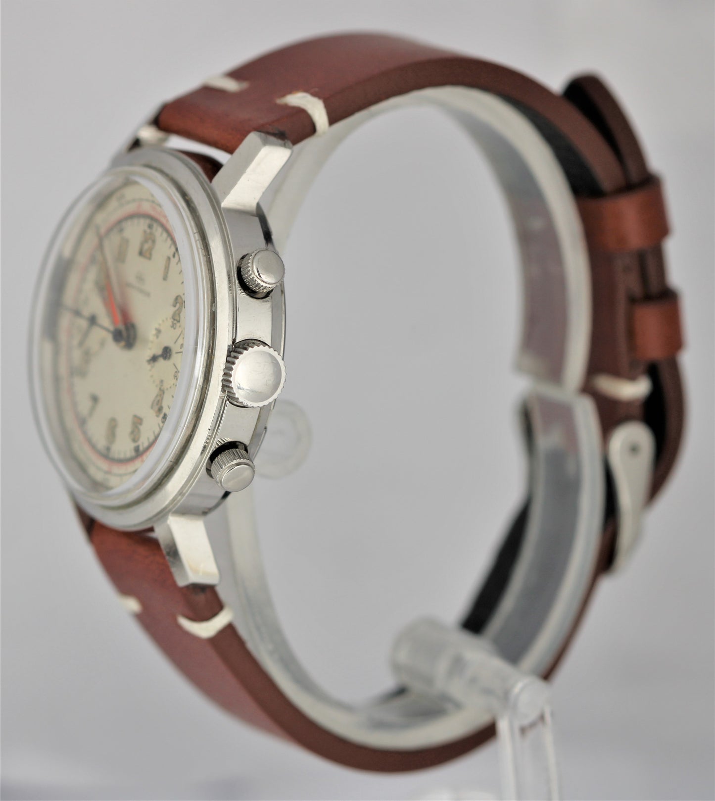 Vintage Wakmann Telemeter Mile Chronograph Steel Silver 37mm Leather Watch