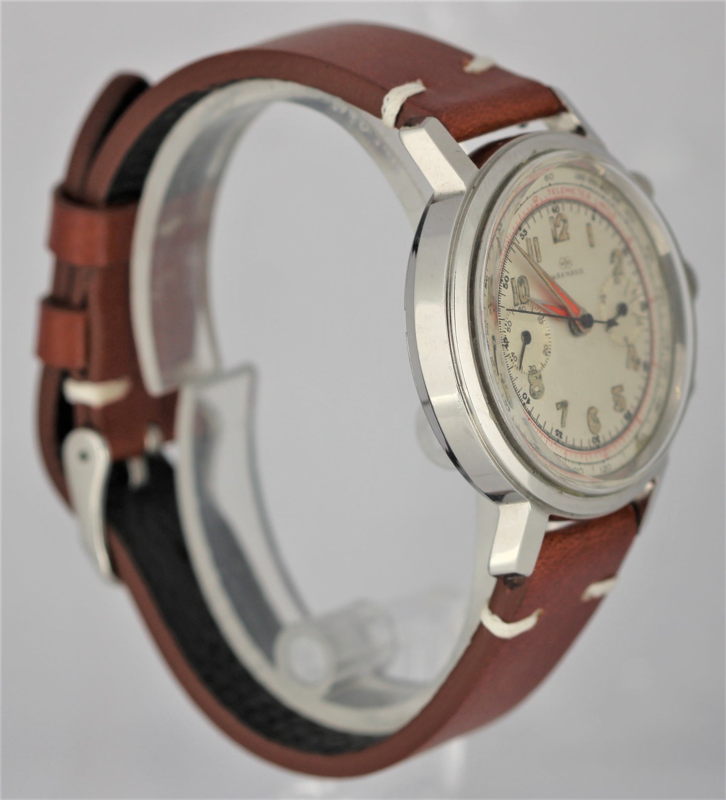 Vintage Wakmann Telemeter Mile Chronograph Steel Silver 37mm Leather Watch