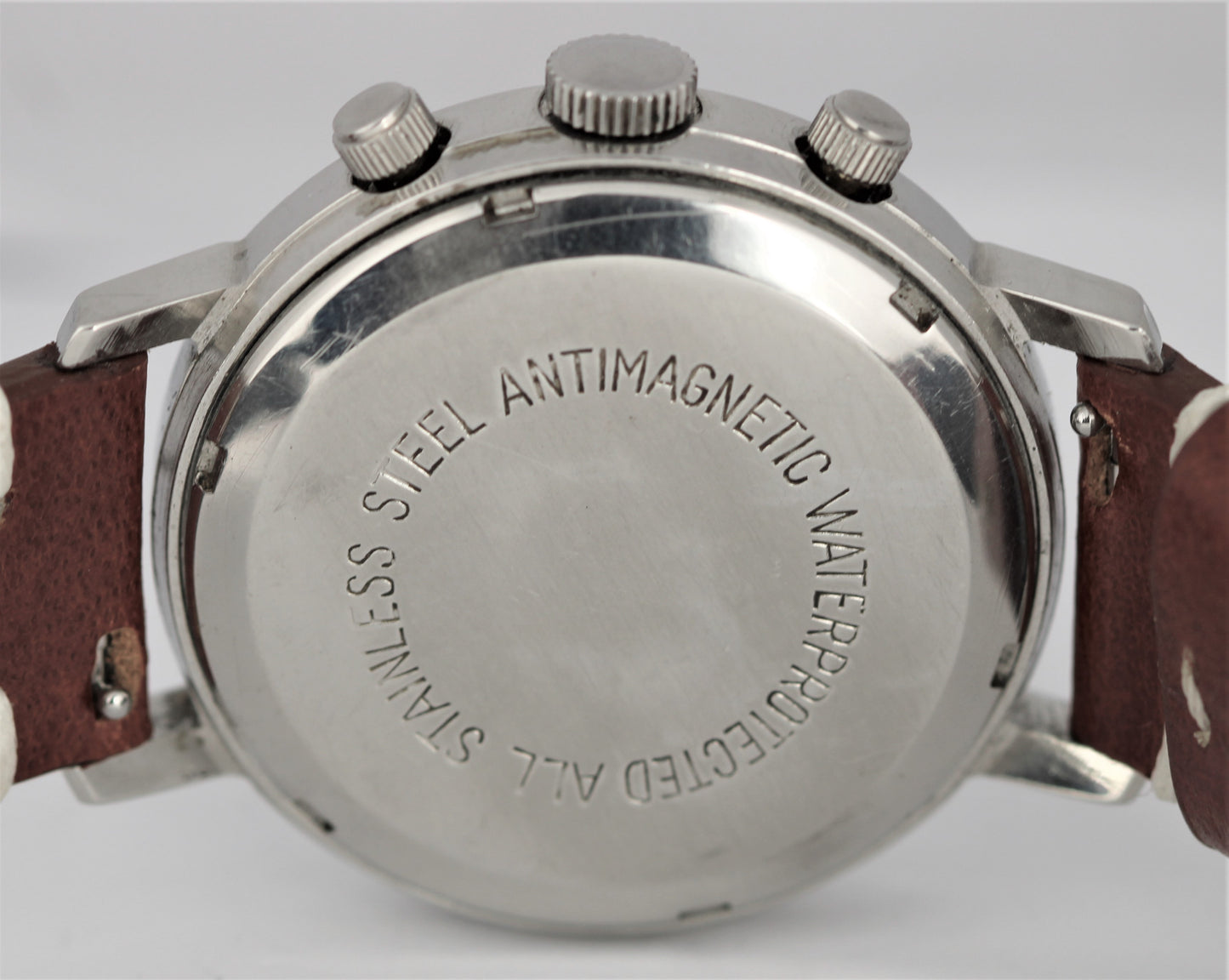 Vintage Wakmann Telemeter Mile Chronograph Steel Silver 37mm Leather Watch