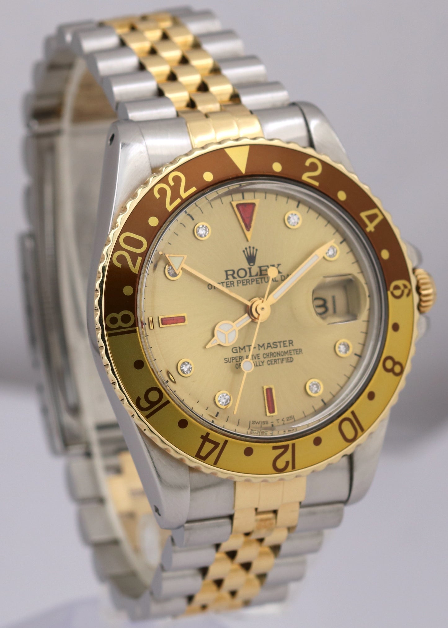Rolex GMT-Master ROOT BEER Brown CHAMPAGNE DIAMOND 18K Gold Steel JUBILEE 16753