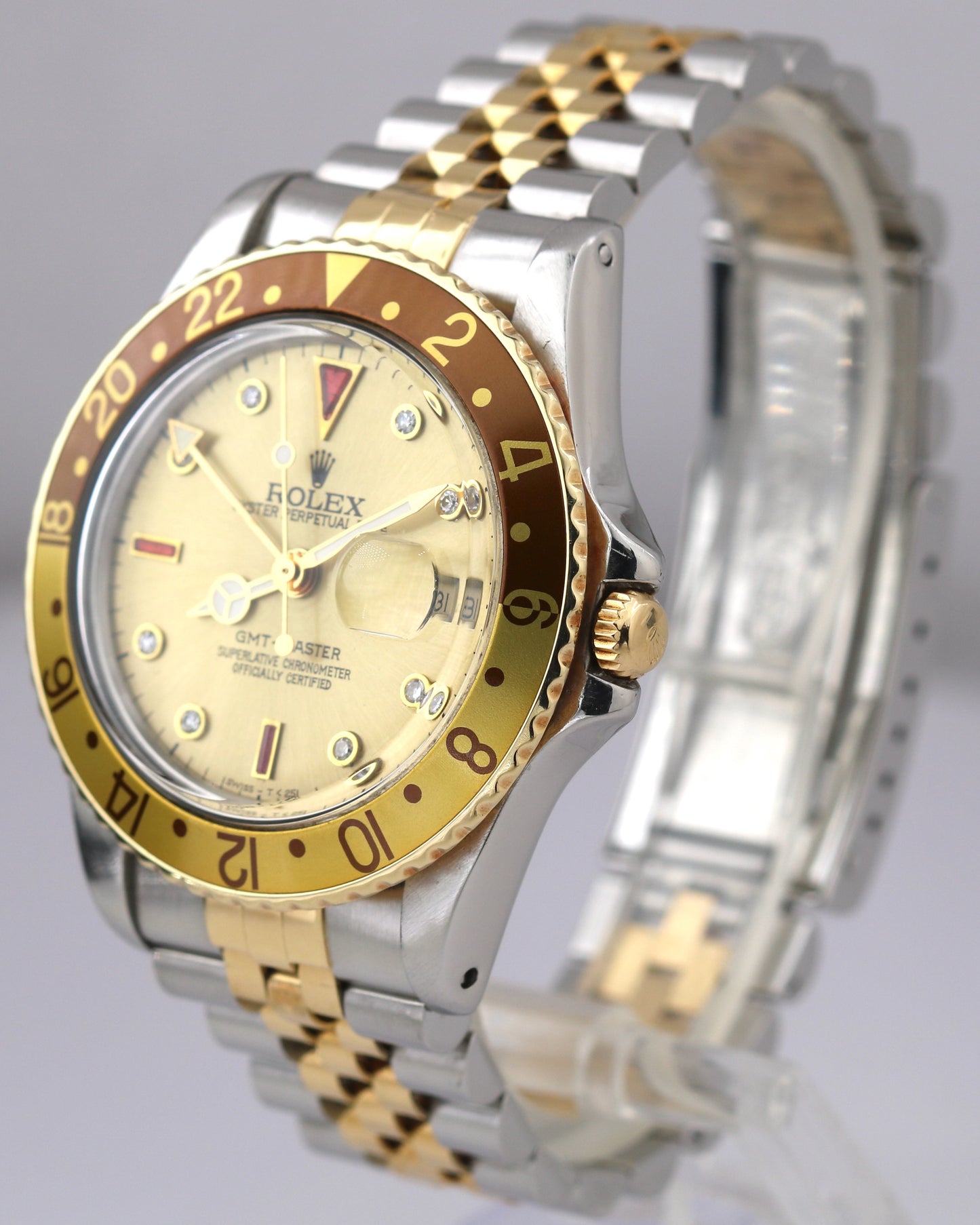 Rolex GMT-Master ROOT BEER Brown CHAMPAGNE DIAMOND 18K Gold Steel JUBILEE 16753