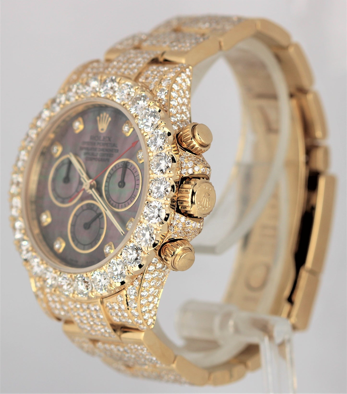 Rolex Daytona Cosmograph 18K Yellow Gold 10ctw DIA Black MOP 40mm 116528 Watch
