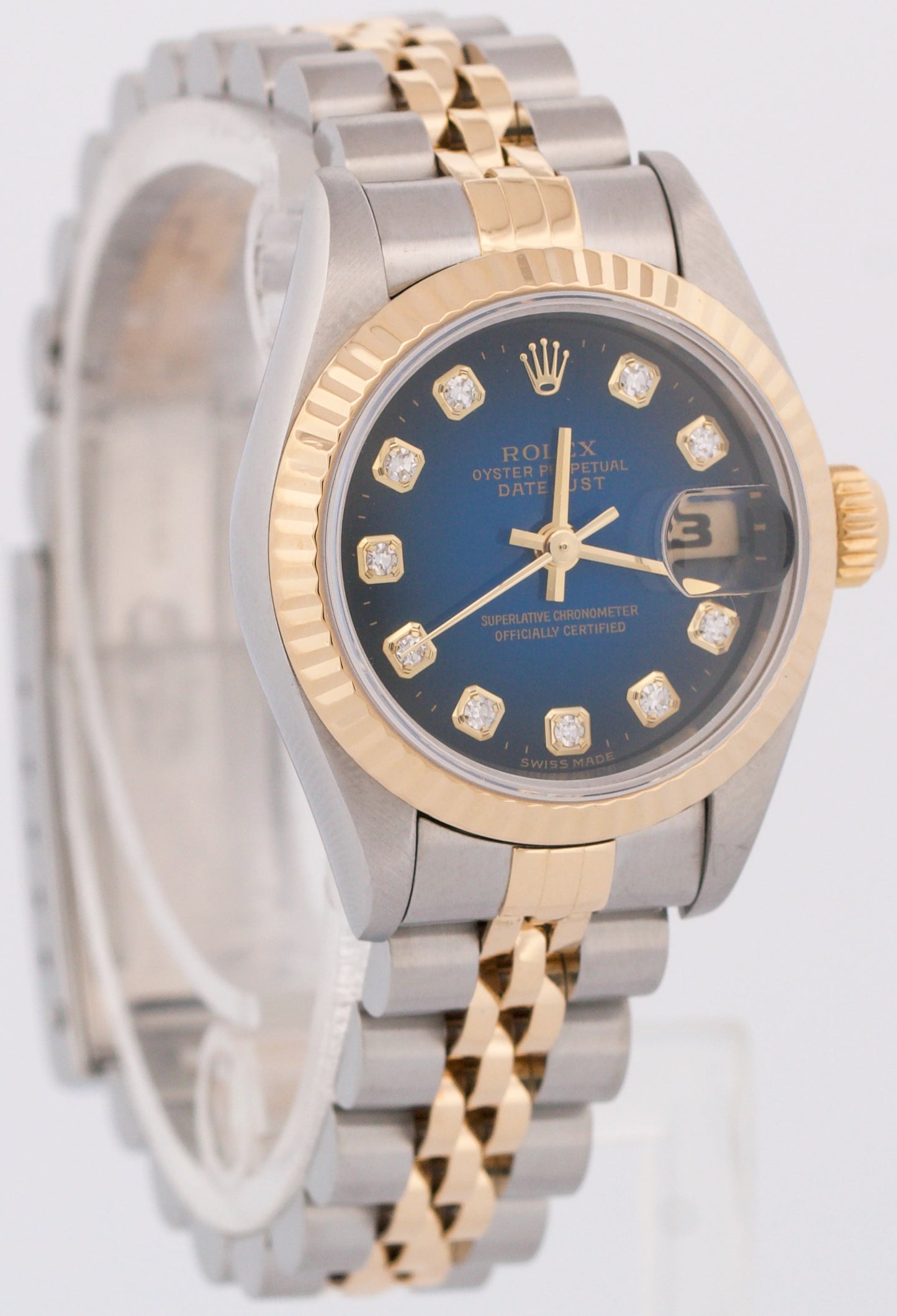 Ladies Rolex DateJust 26mm BLUE VIGNETTE DIAMOND 18K Gold Steel JUBILEE 69173