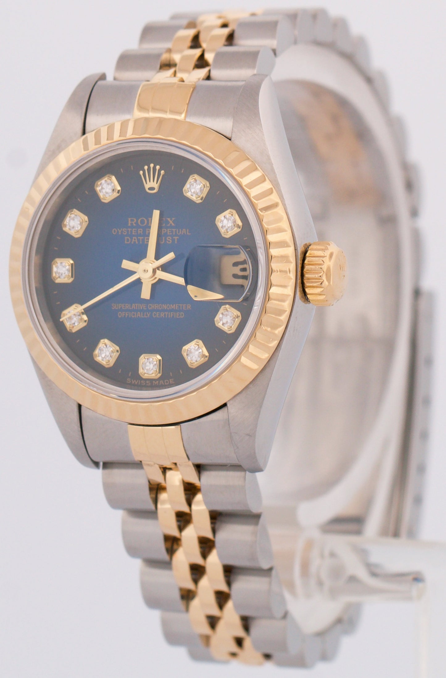 Ladies Rolex DateJust 26mm BLUE VIGNETTE DIAMOND 18K Gold Steel JUBILEE 69173
