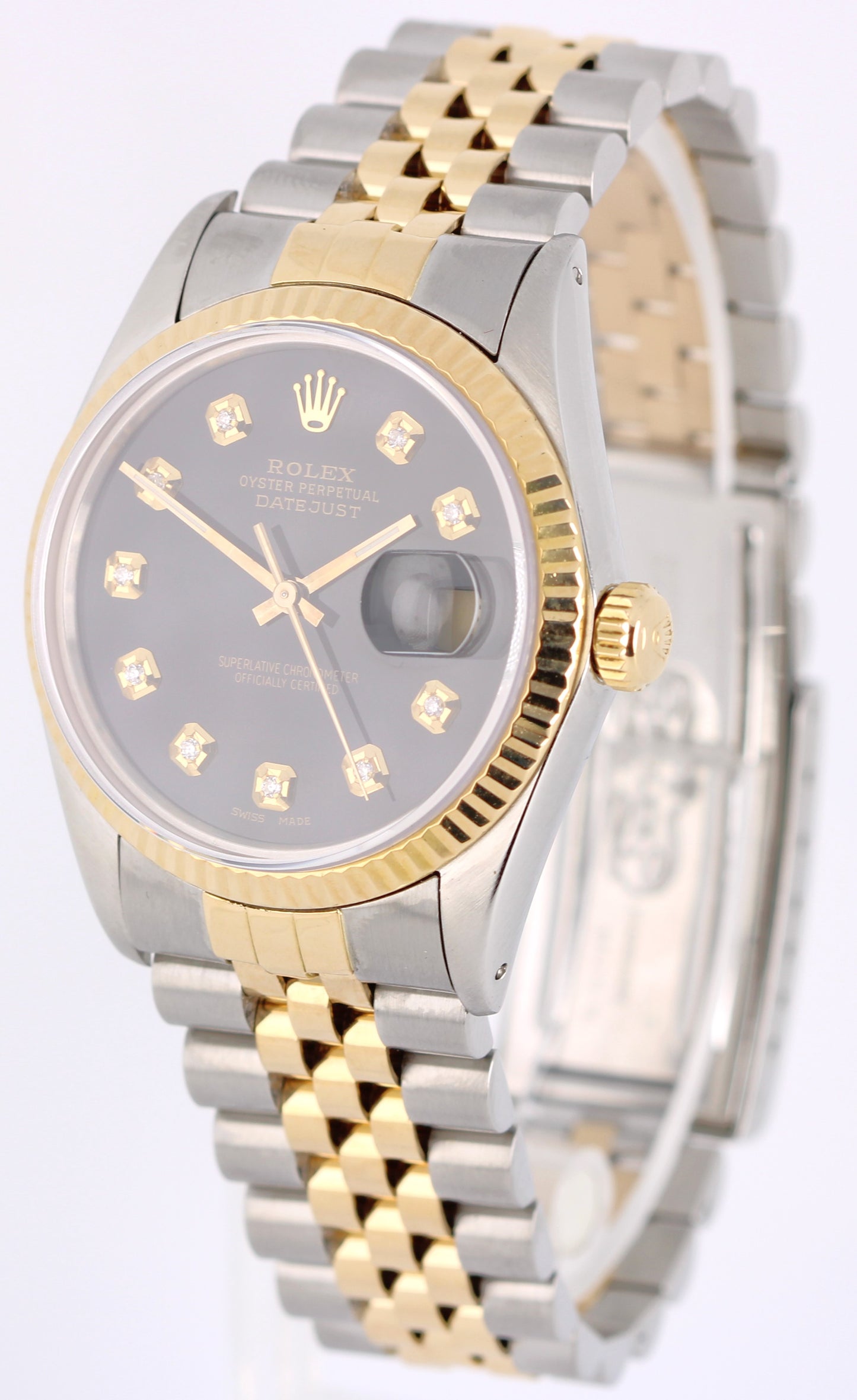 VINTAGE Rolex DateJust Two-Tone 18k Gold Steel Black DIAMOND 36mm 16013 BOX