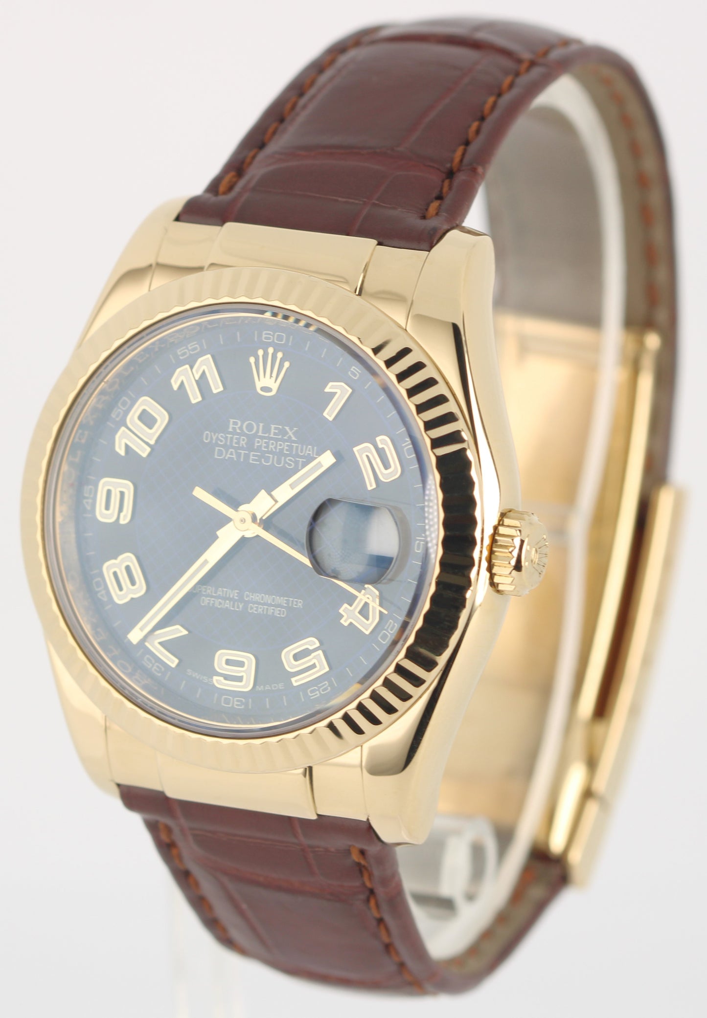 Rolex DateJust 18k Yellow Gold Blue Black Concentric Arabic 36mm 116138 Watch