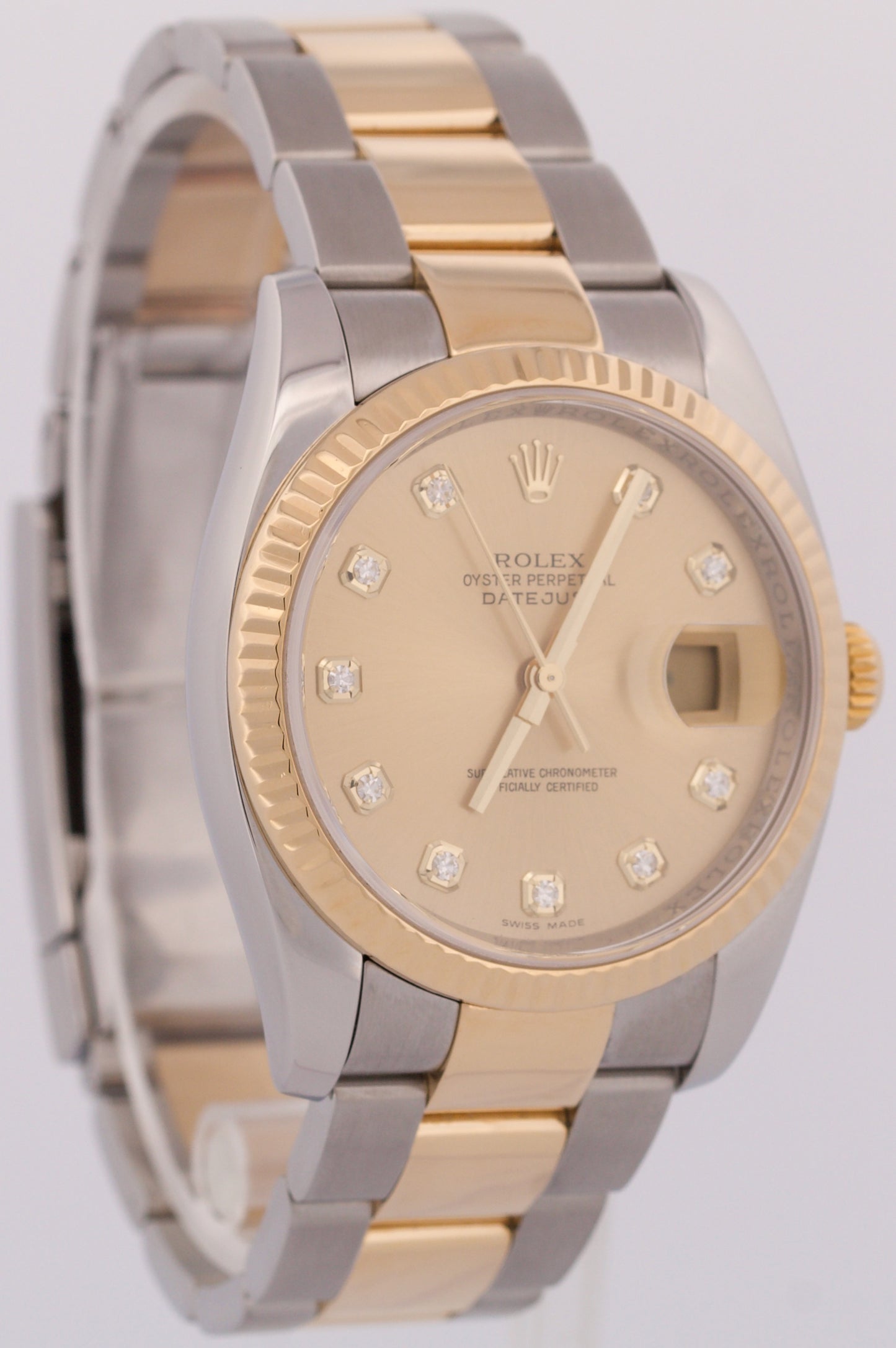 MINT Rolex DateJust 36mm CHAMPAGNE DIAMOND 18K Gold Fluted OYSTER 116233 Watch